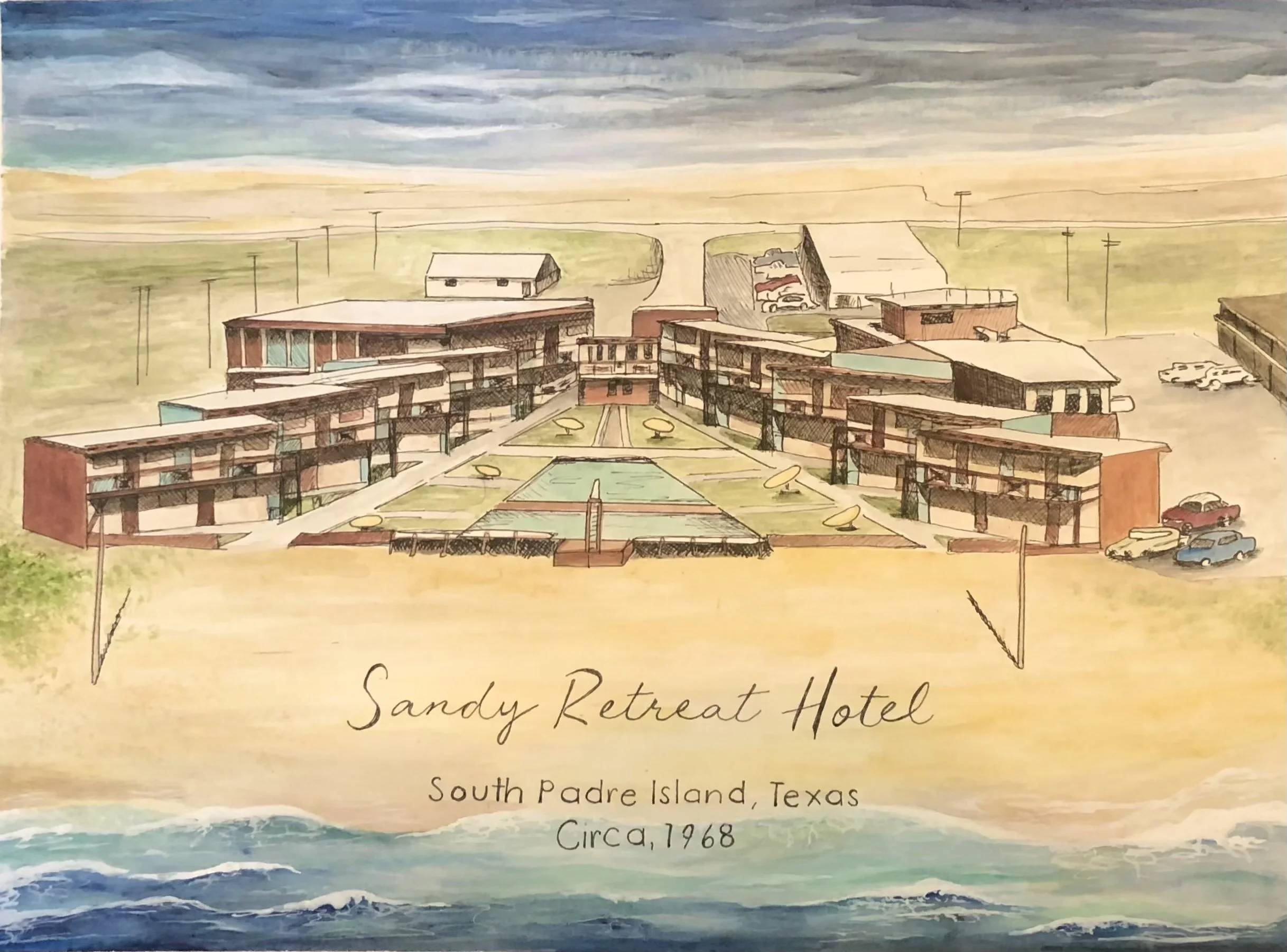 Original watercolor painting depicting sacred light through a church interiorof the Sandy Retreat Hotel on South Padre Island, Texas, circa 1968 by Shannon Zabawa.
