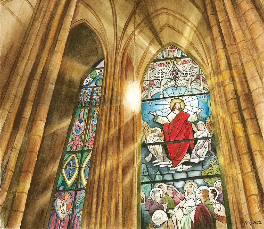 Original watercolor painting titled "I Am the Light of the World" by Shannon Zabawa, depicting sacred light through a church interior