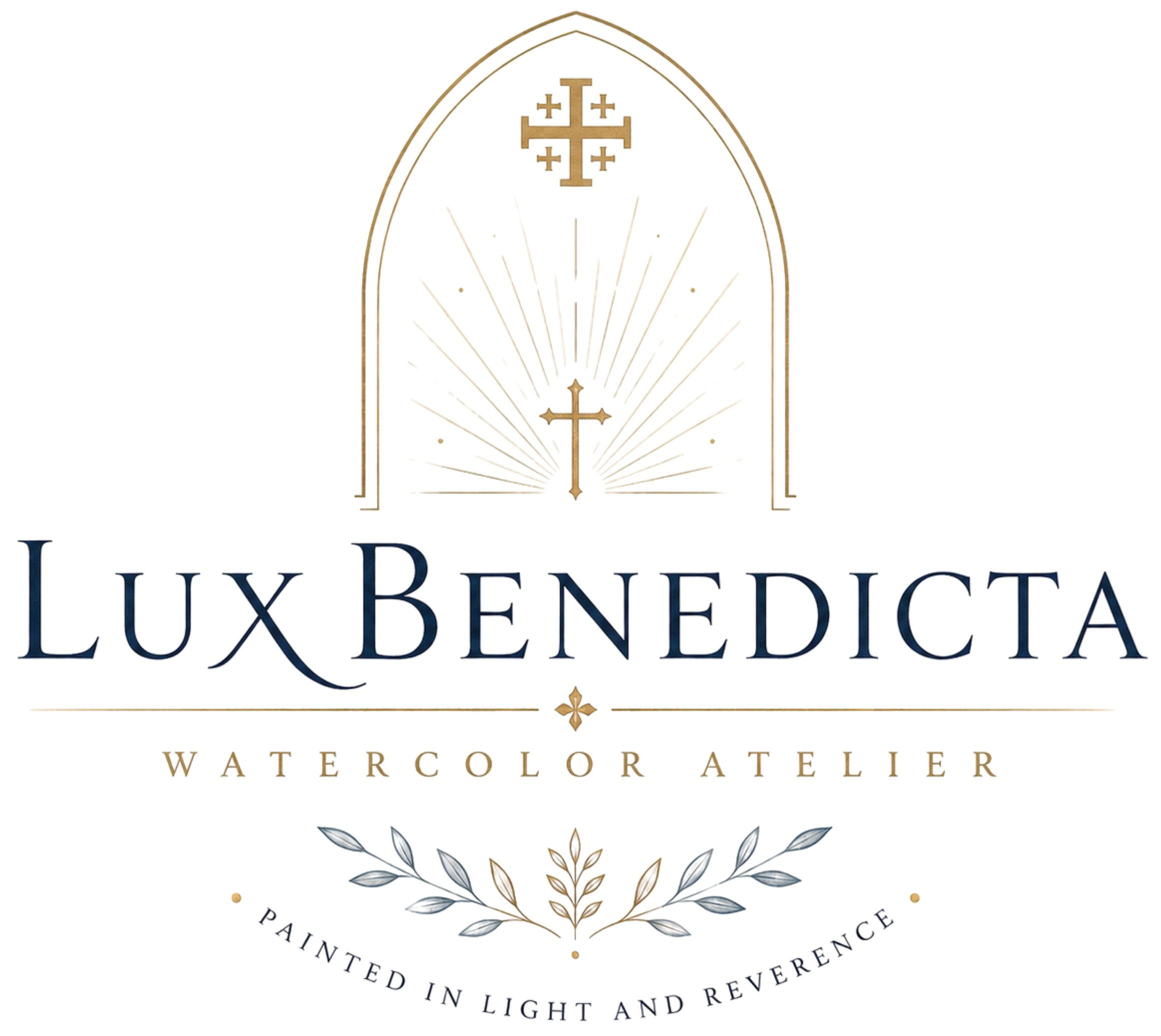 Lux Benedetta watercolored atelier logo with a decorative cross at the top and a floral wreath at the bottom.