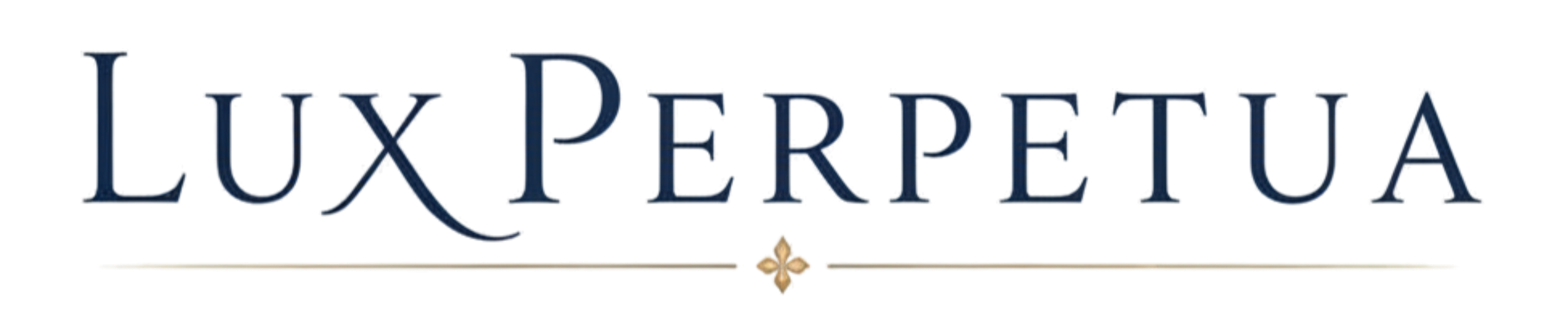 Lux Perpetua logo with blue text and a gold floral design