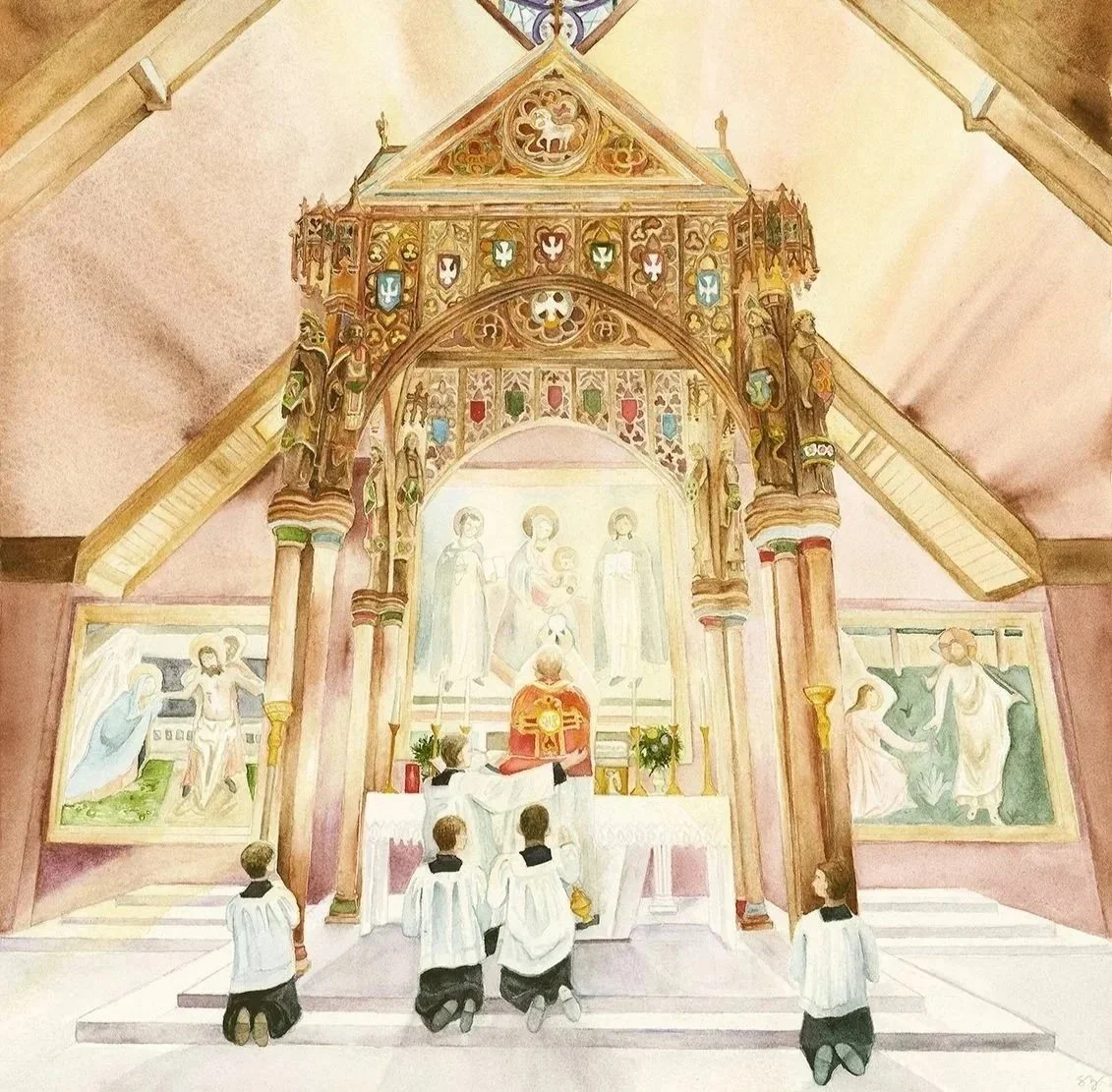 Watercolor depicting Pentecost within the Holy Sacrifice of the Mass at St. Thomas Aquinas in Charlotte NC, showing the descent of the Holy Spirit at the Eucharist. Original Watercolor by Charlotte Artist Shannon Zabawa.