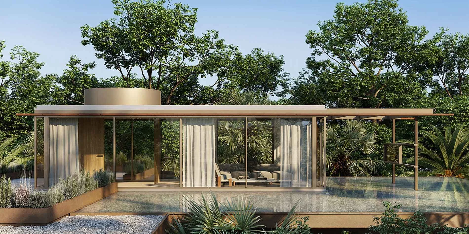 Modern glass house with flat roof, surrounded by lush trees and tropical plants, with an outdoor deck and a pool in the front.
