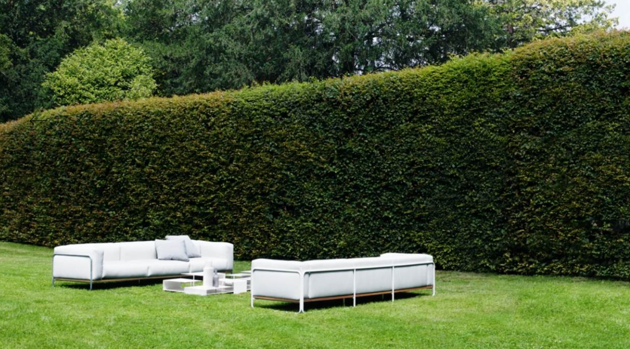 Outdoor patio with white modern sofas and a small white table on a well-maintained lawn, bordered by a tall green hedge and trees in the background.