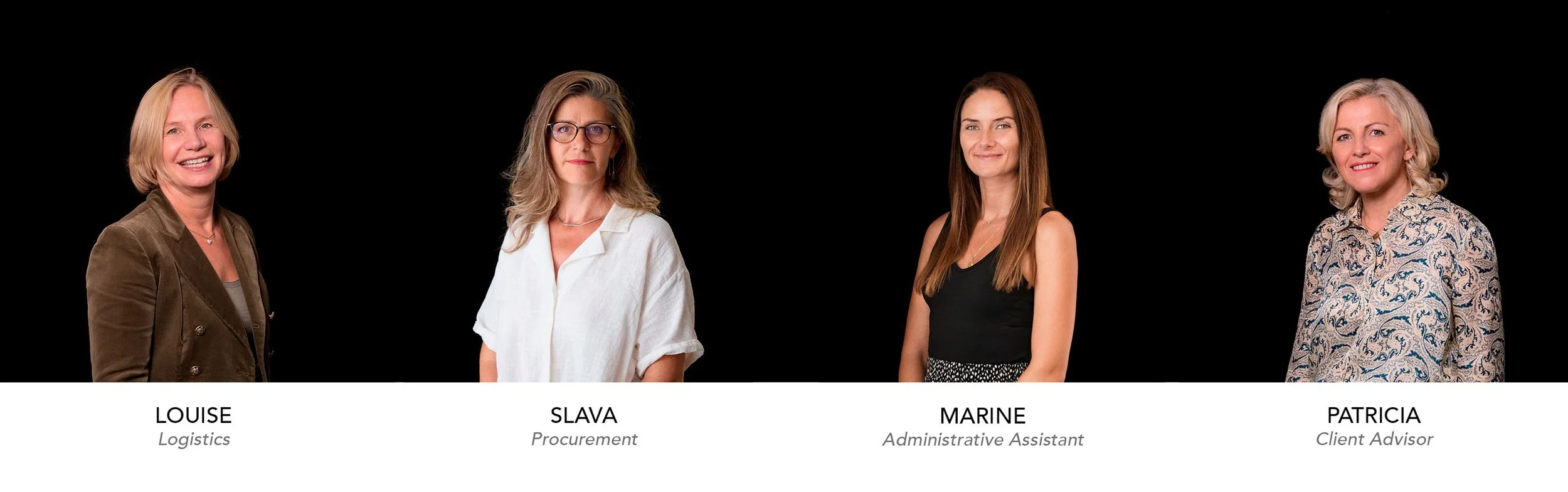 Group portrait of four women against a black background, each labeled with name and role: Louise in a brown blazer, Slava in a white shirt, Marine in a black top, and Patricia in a patterned blouse.