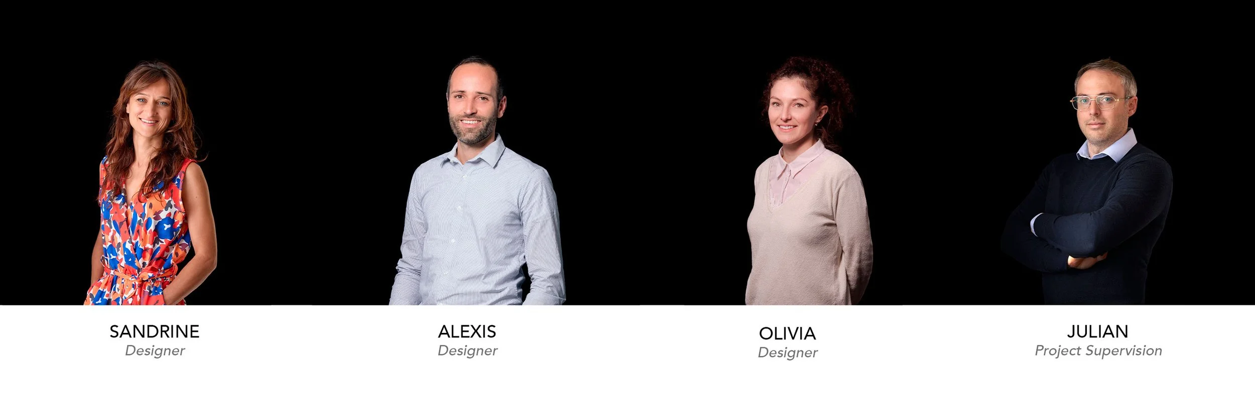 Photograph of four professionals with black background, labeled as Sandrine, Alexis, Olivia, and Julian, with roles as Designer and Project Supervisor.