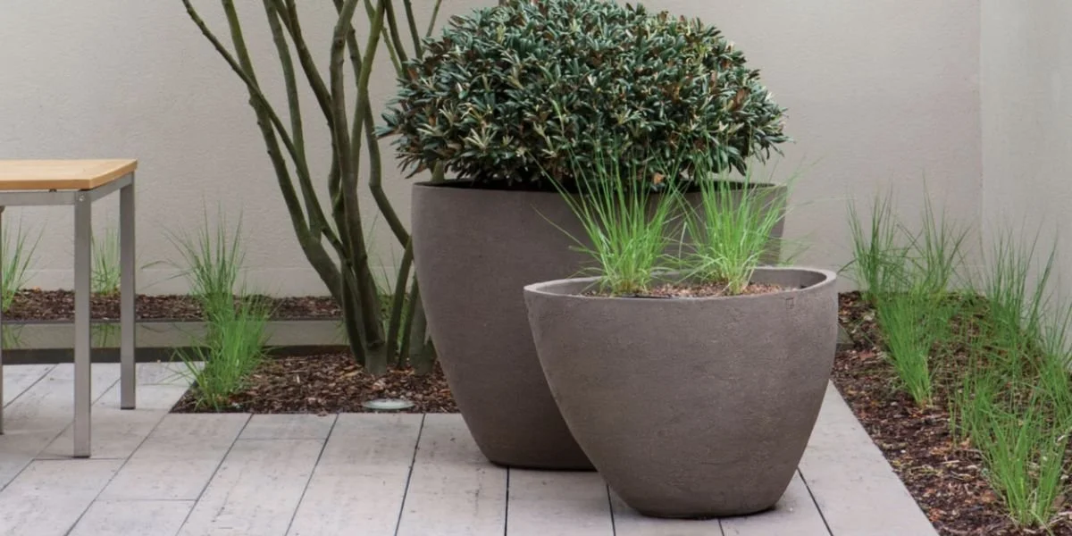 Two large gray concrete planters with green plants on a tiled patio next to a wall and small wooden bench.
