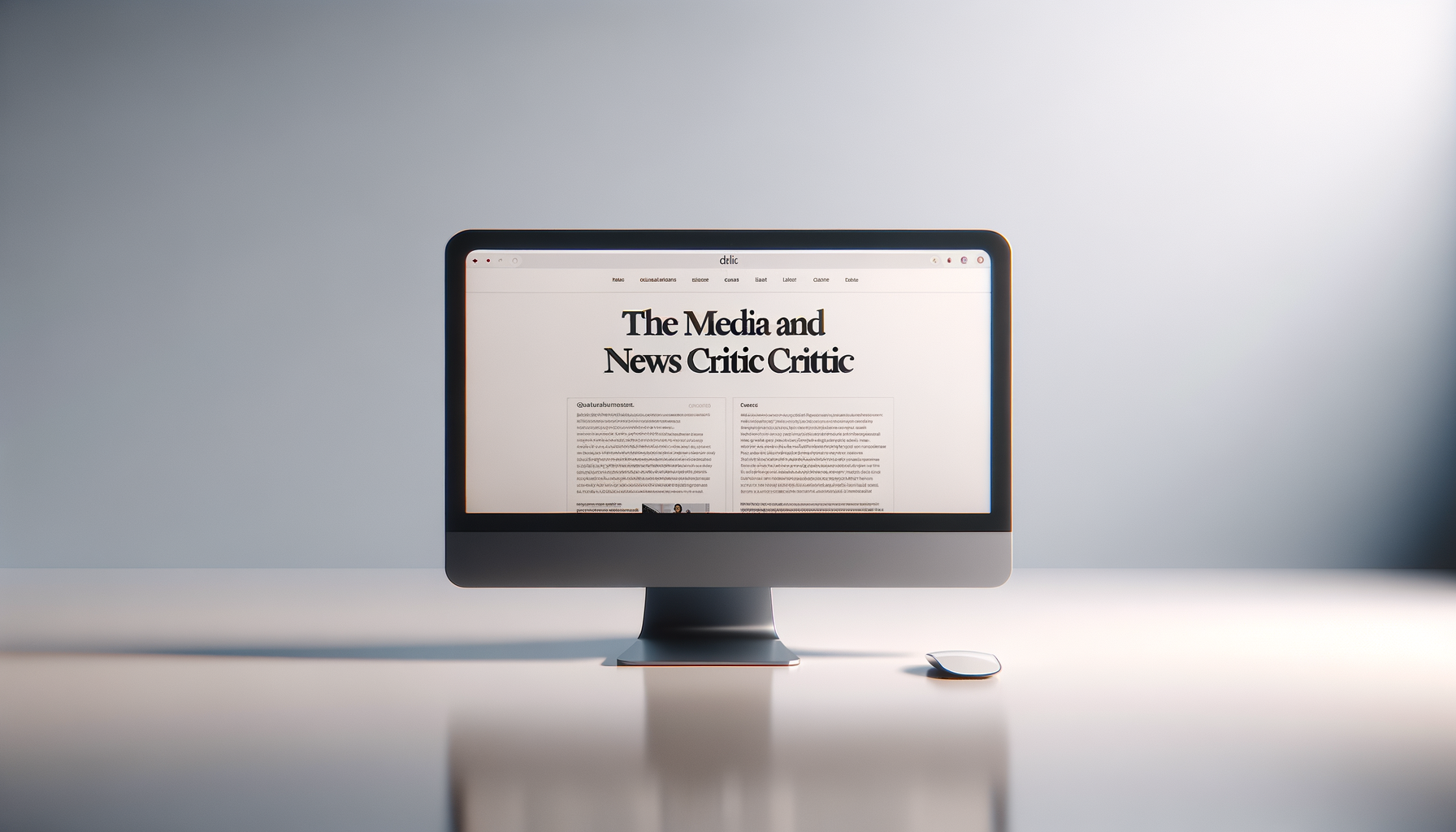 A silver all-in-one desktop computer displaying a webpage titled "The Media and News Critic Critic" with a minimalist white mouse on a white desk in front of it.
