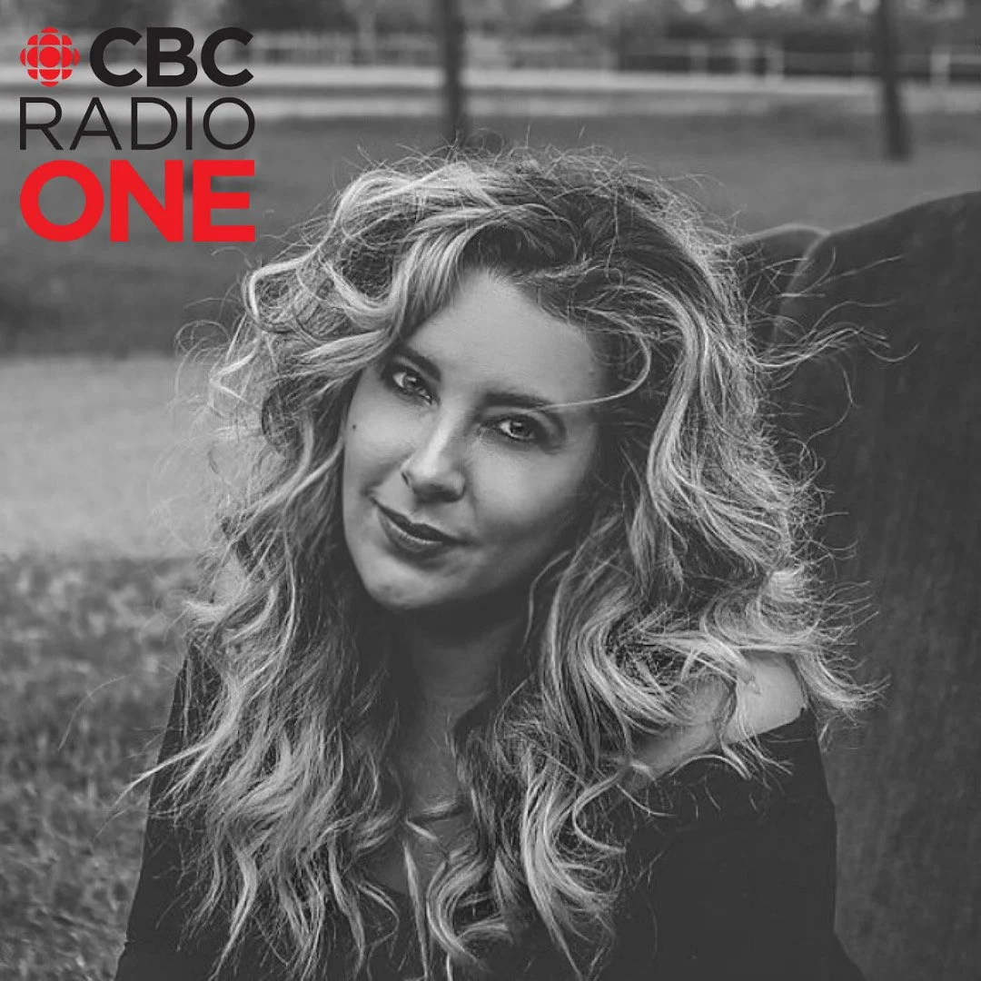 Black and white photo Kelly Besd with curly hair, outdoors, with the CBC Radio One logo in the top left corner.