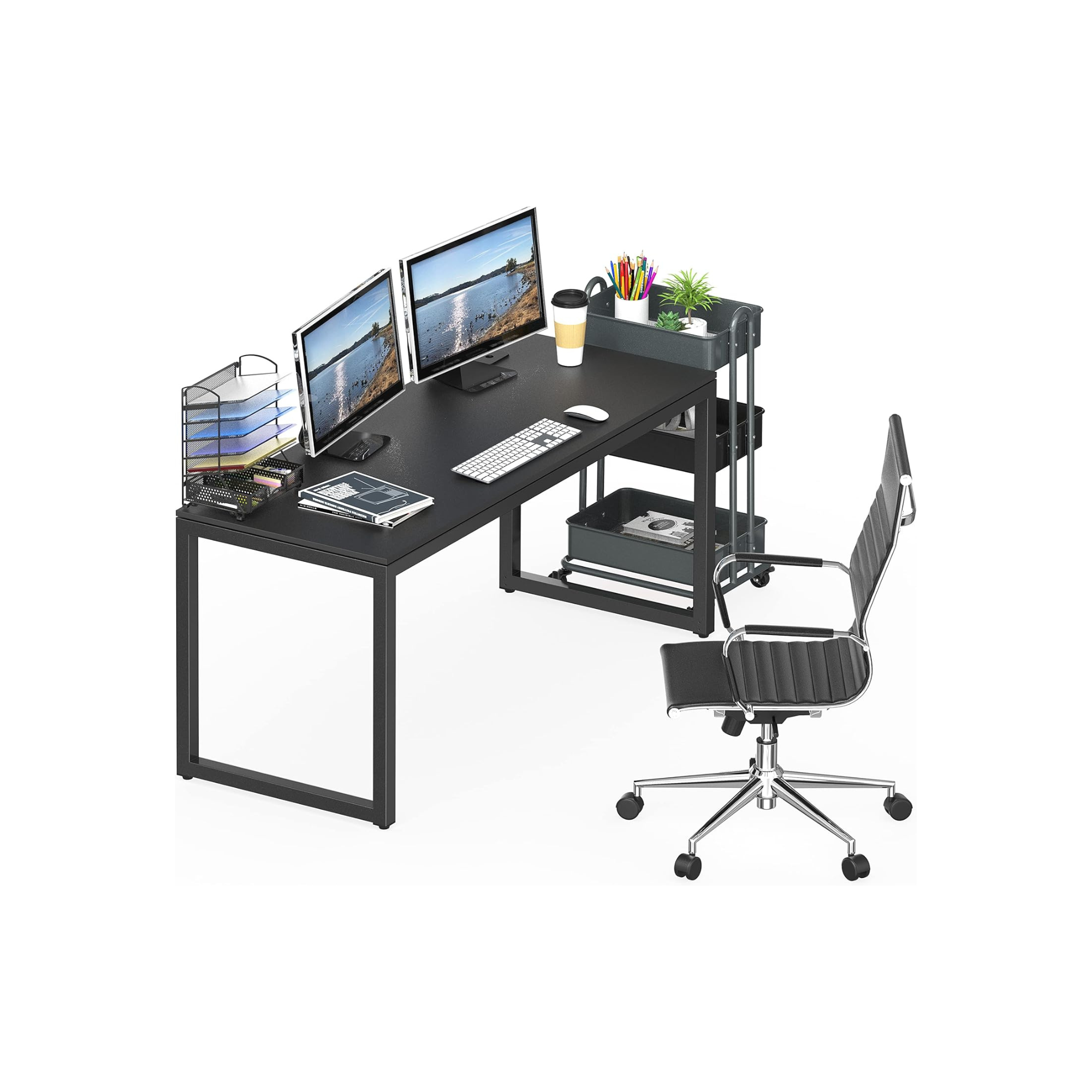 Black desk with two monitors displaying scenic water landscape, keyboard, mouse, spiral notebook, paper tray, disposable coffee cup, small potted plants, and a black rolling chair.