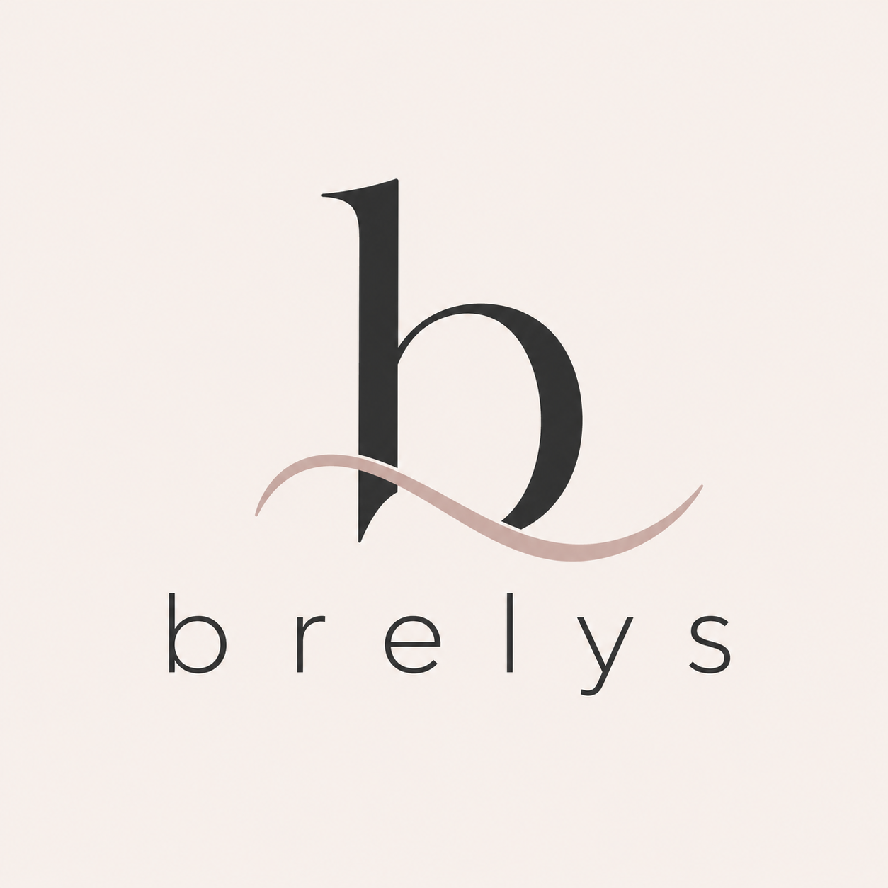The logo of Brelys features a large black stylized letter 'b' with an elegant pink swoosh crossing through it.