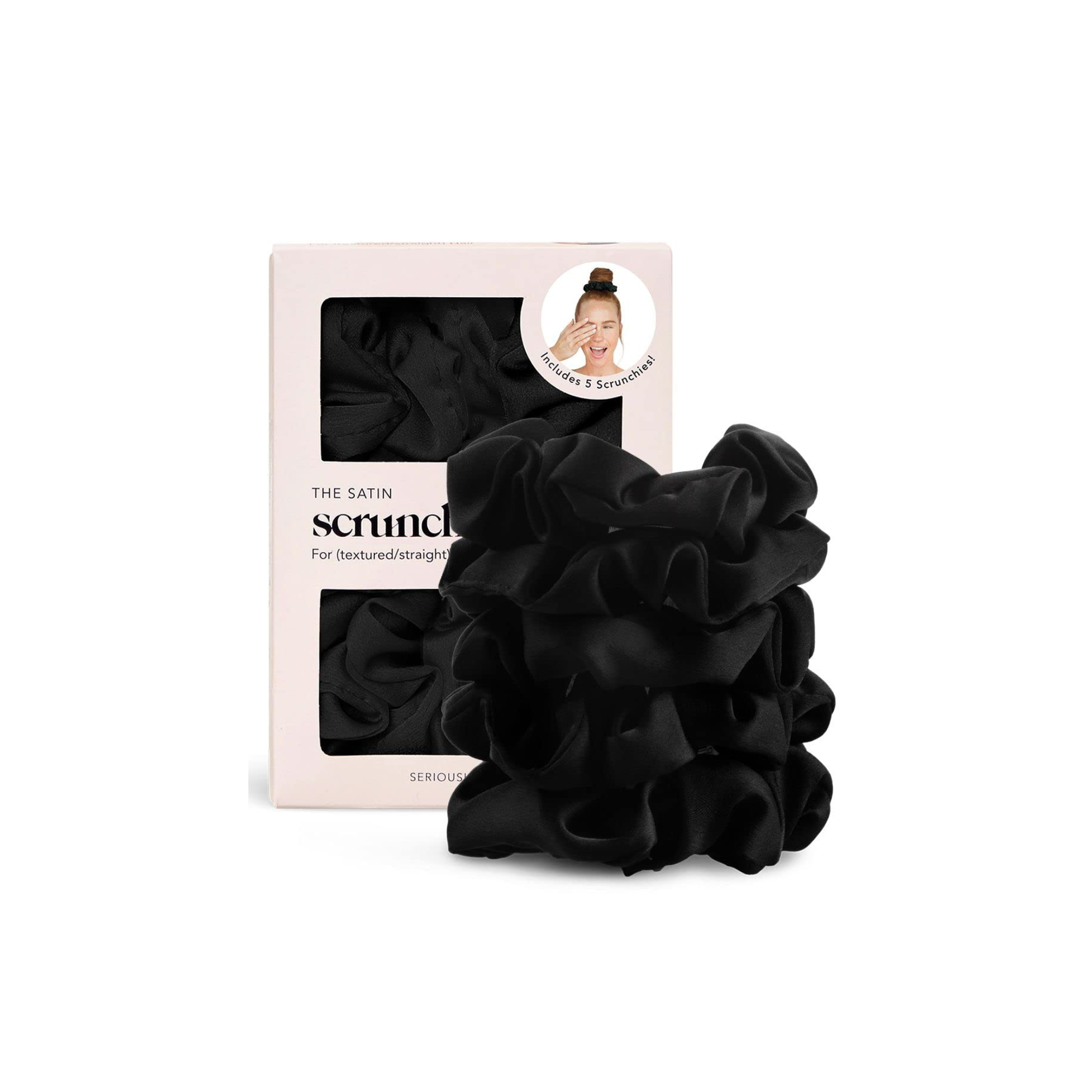 Black scrunchies inside a pink box with a clear window, featuring an image of a girl with her hair in a bun using a scrunchie, and text indicating the product includes five scrunchies.