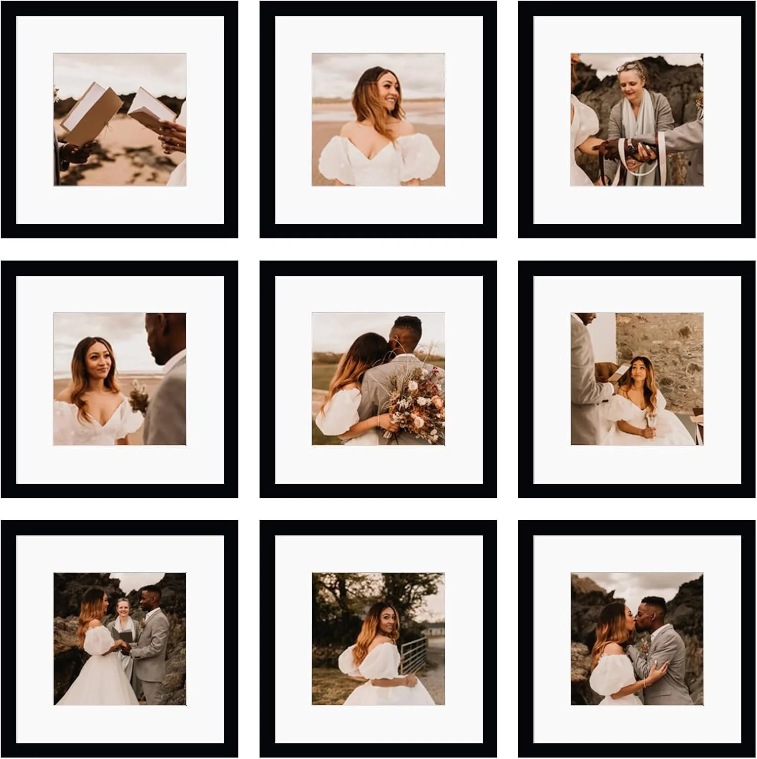 A collage of wedding photos featuring a bride and groom in an outdoor setting with rocky and natural backgrounds, showing moments of exchanging vows, holding hands, and embracing.
