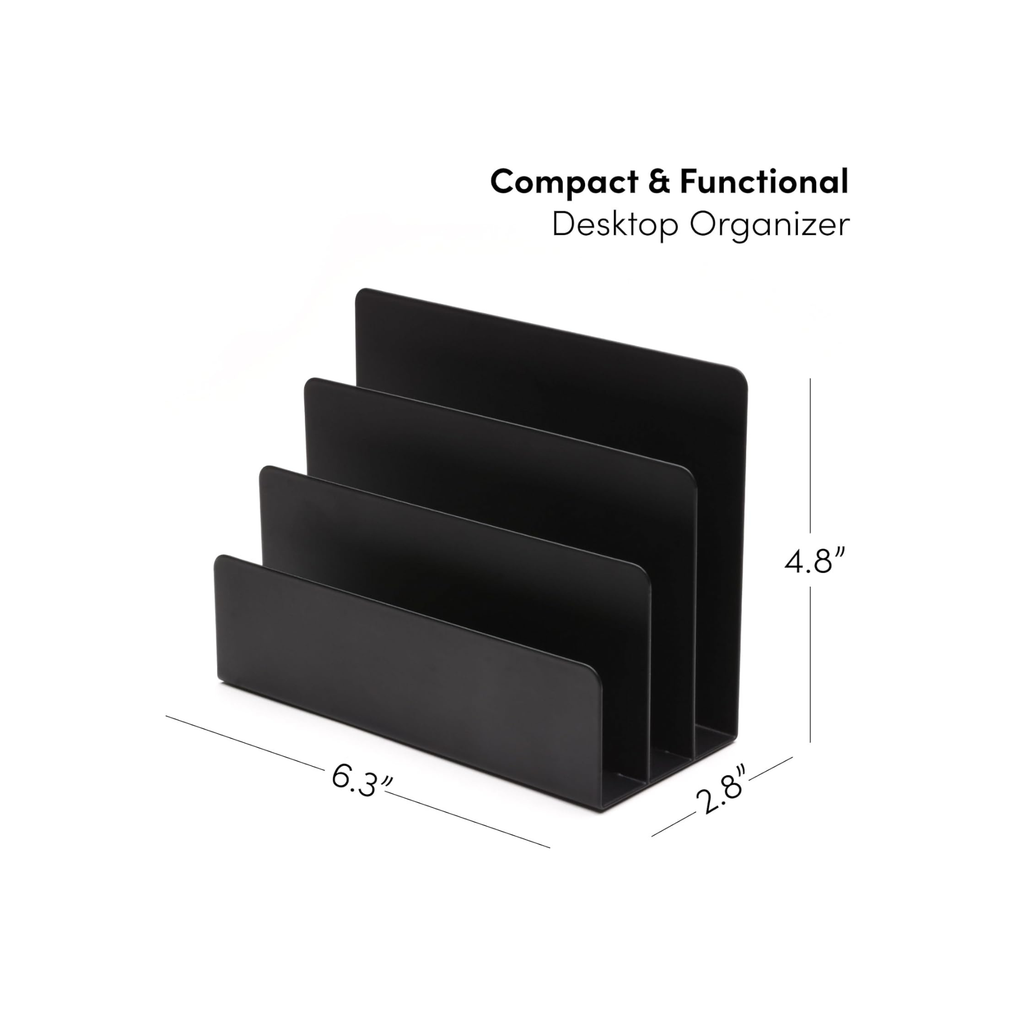 Black desktop organizer with multiple compartments arranged in a stepped formation, with dimensions labeled in inches.