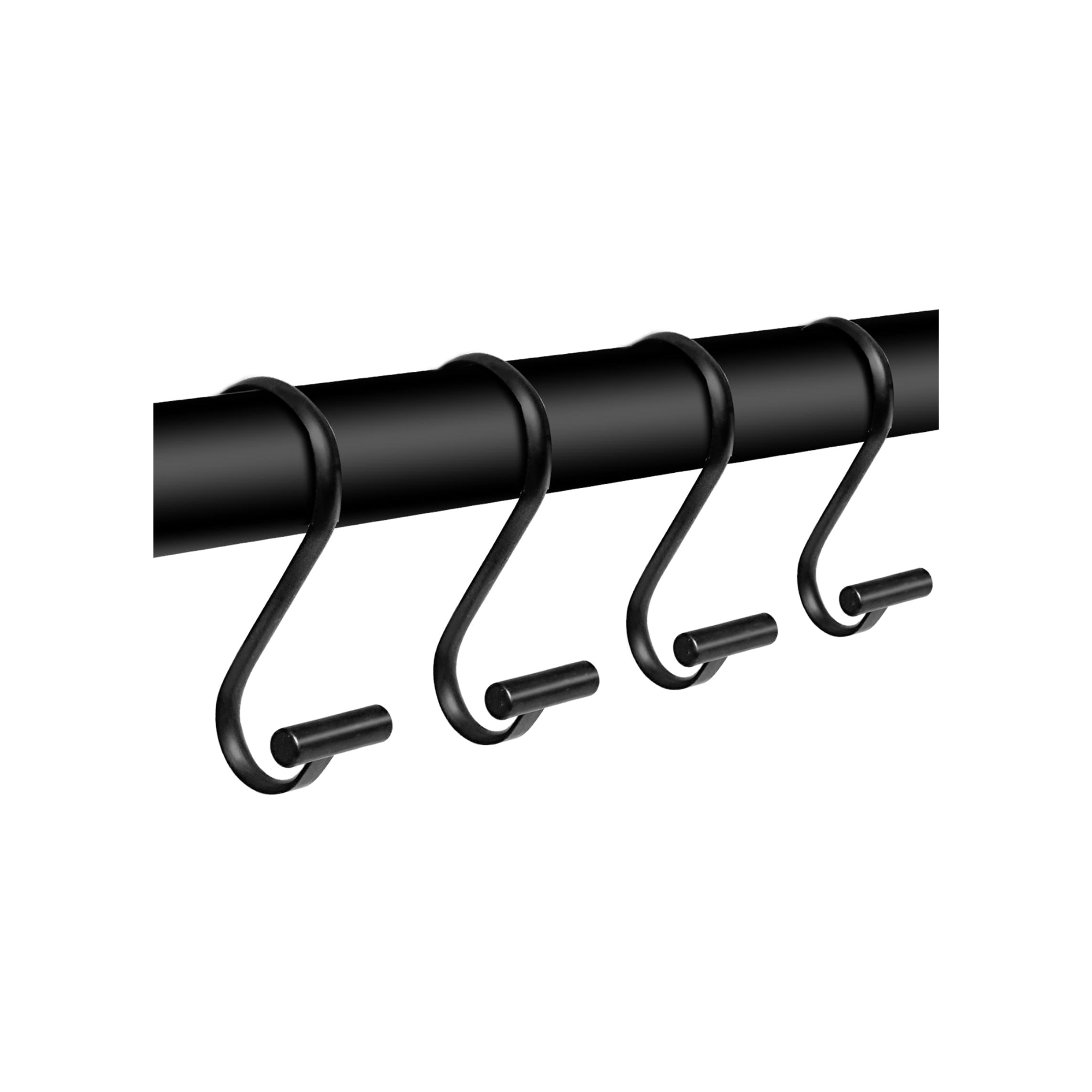 Close-up of a black metal shower rod with black S shaped shower curtain rings.