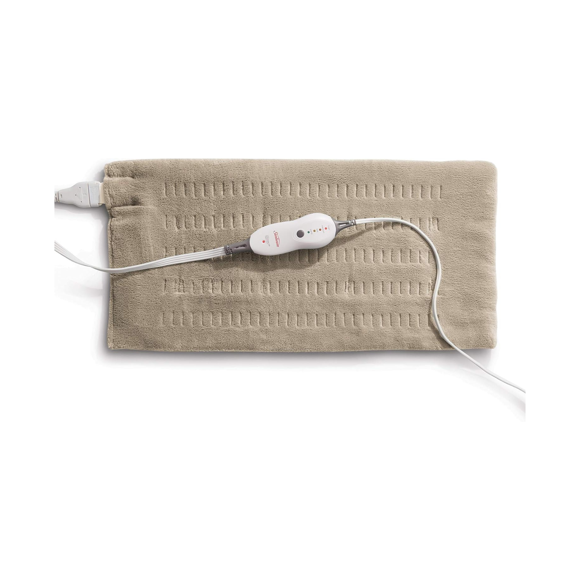 A beige Sunbeam heated blanket with a control switch and power cord resting on top.
