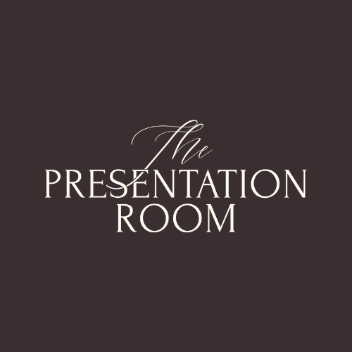 A dark gray background with white elegant text reading 'The Presentation Room'.