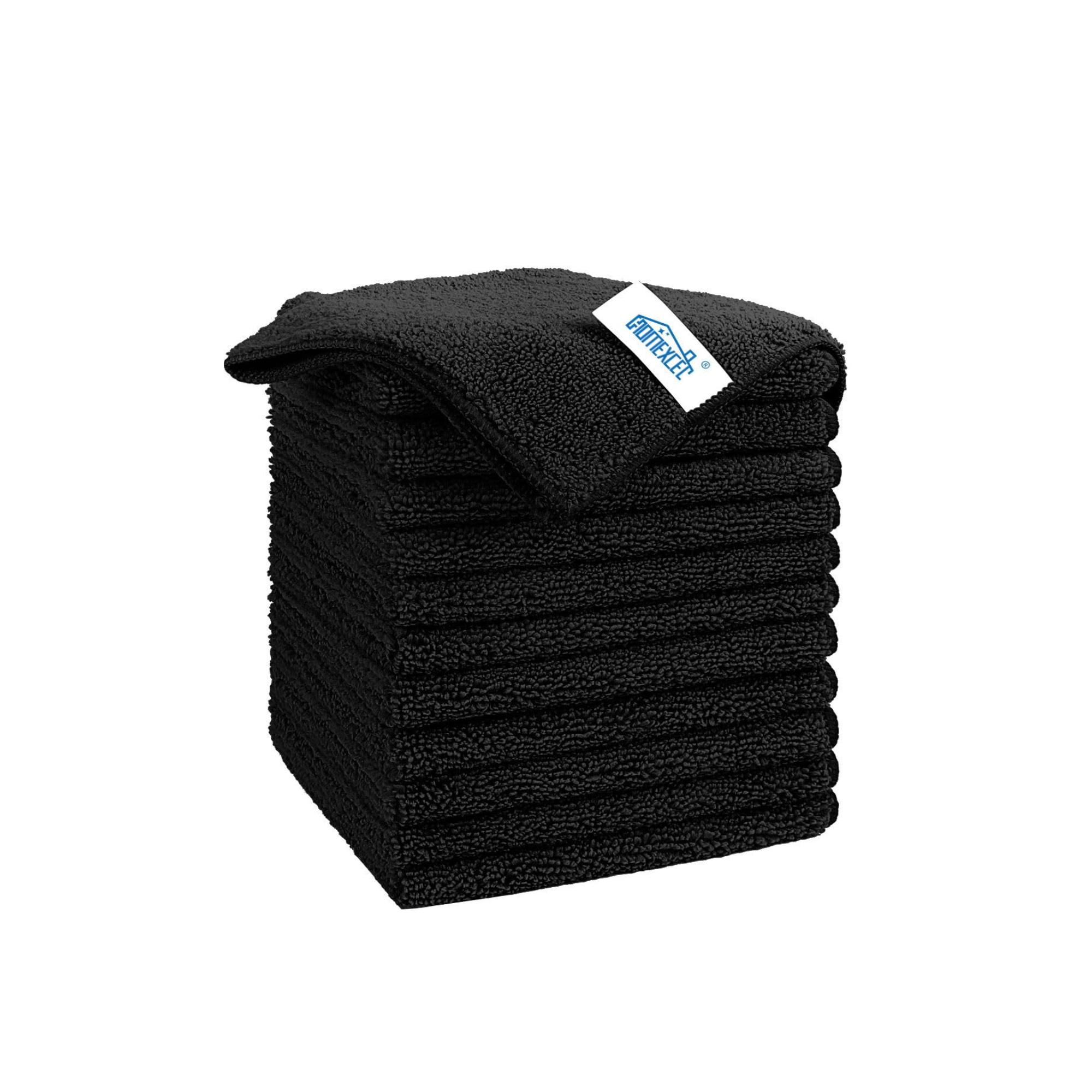 A stack of black reusable cloth towels with a white tag that has blue text and logo.