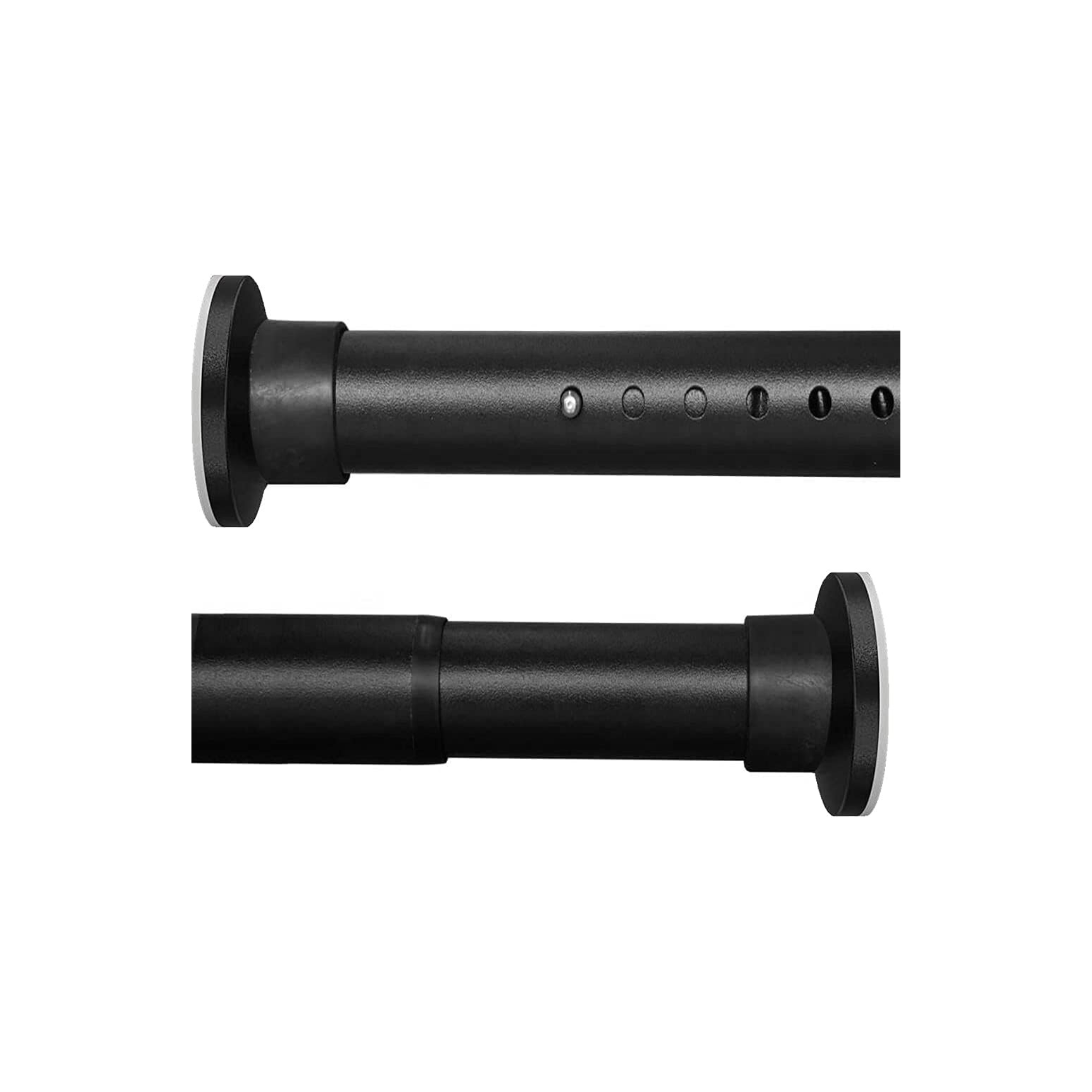 Close-up of a black extension rod for curtains a white background.