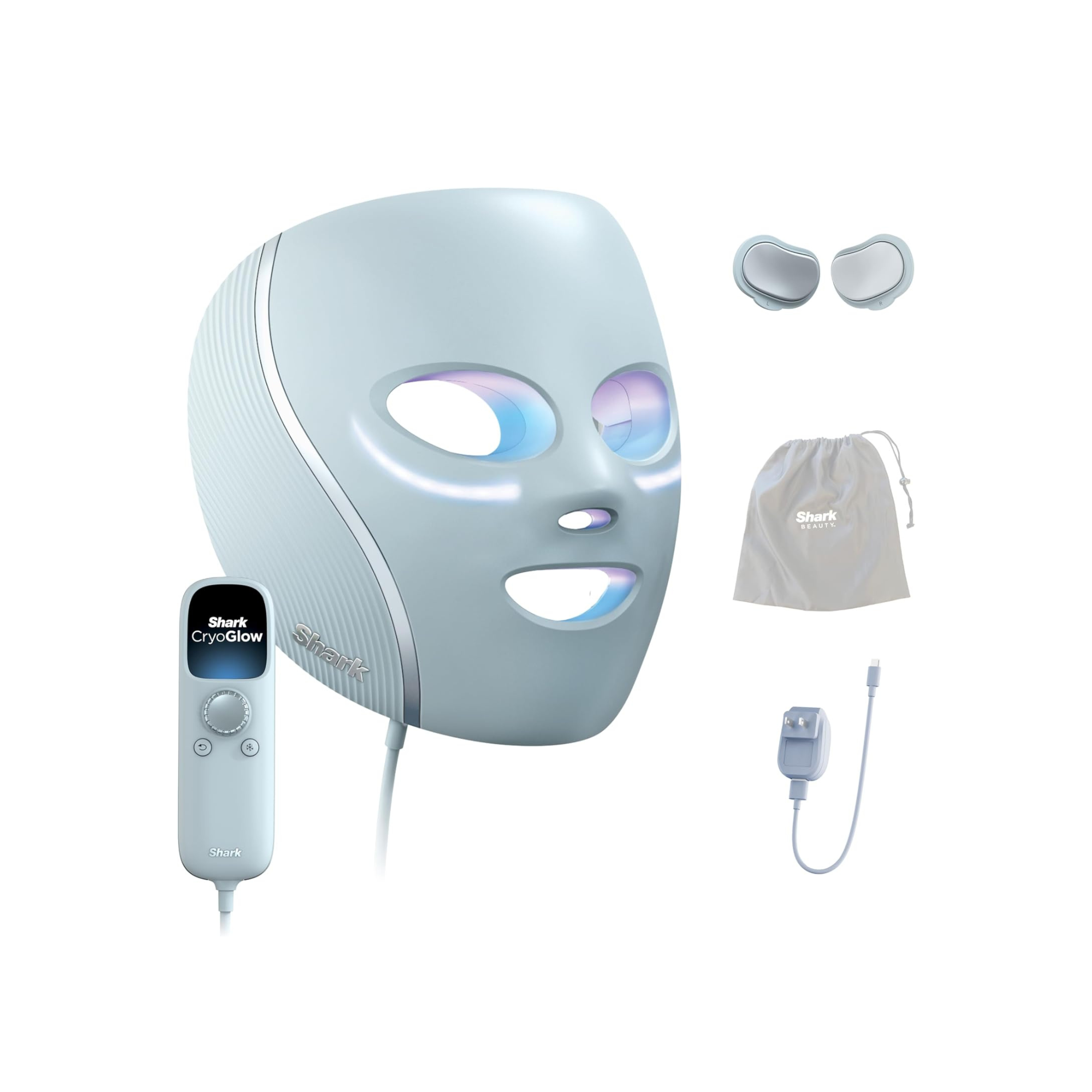 A light blue facial mask, Shark Cryoglow brand, with a cloth bag labeled 'Shark', and a power adapter.