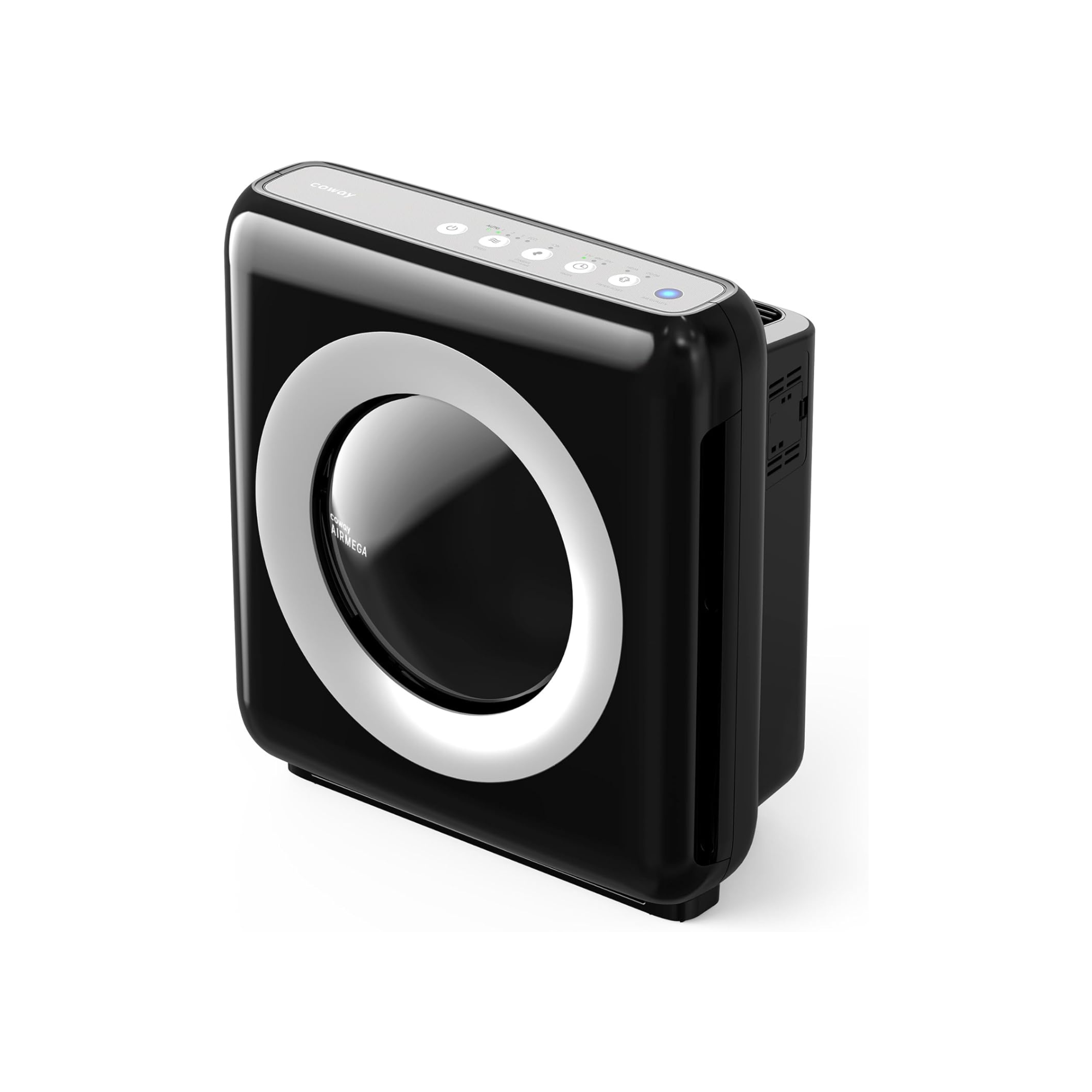 A sleek, modern air purifier with a black and silver design, featuring a control panel with white icons on top.
