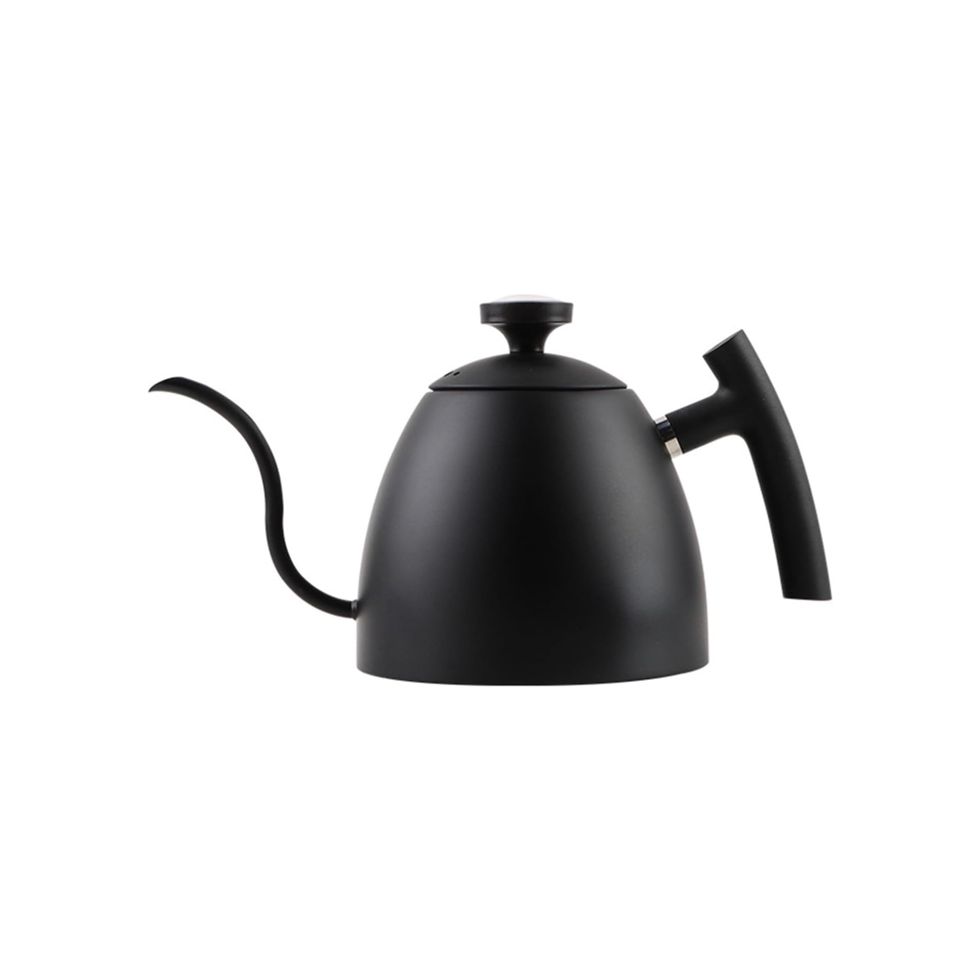 Black kettle with a curved handle and spout against a white background.