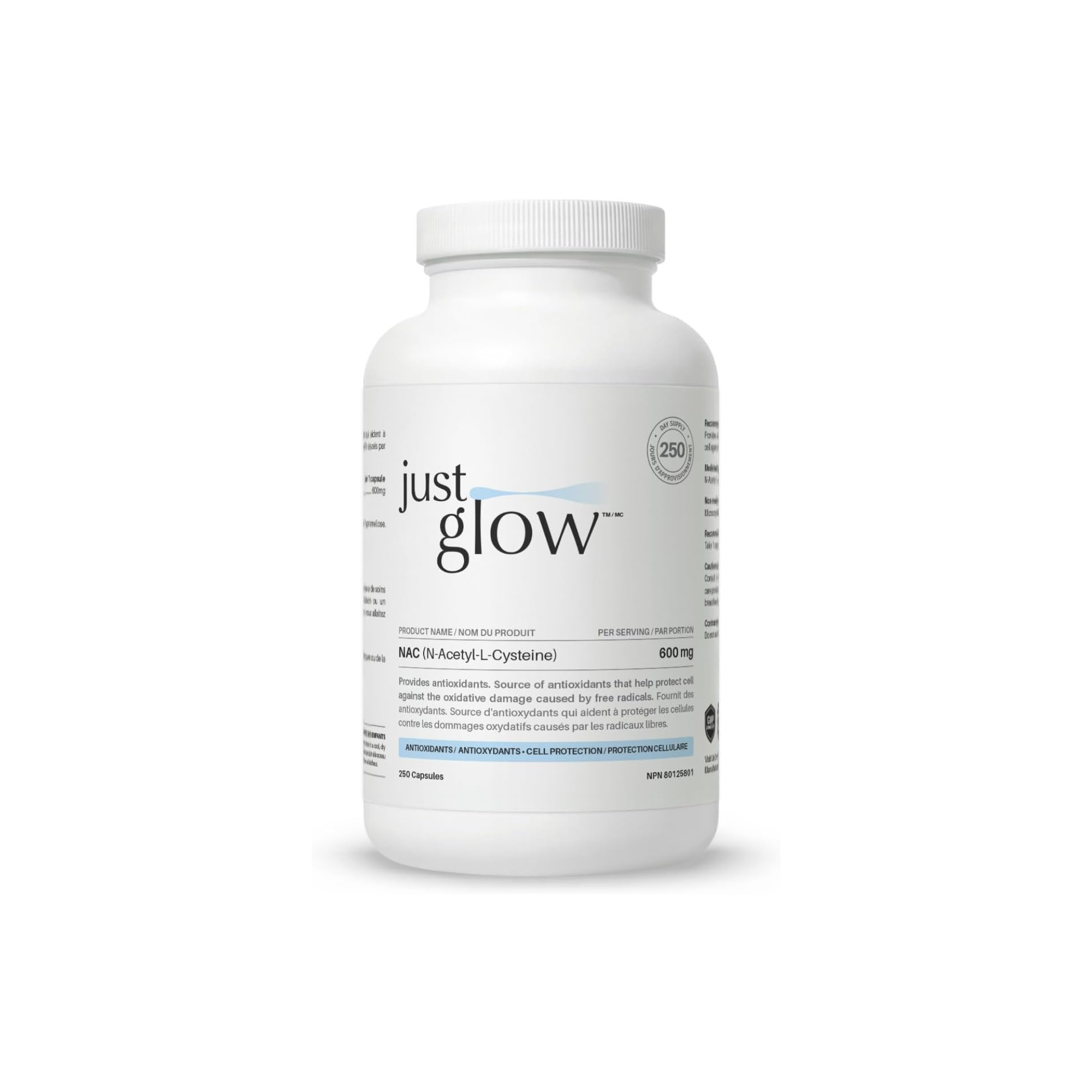 Health supplement bottle of NAC labeled 'just glow'.