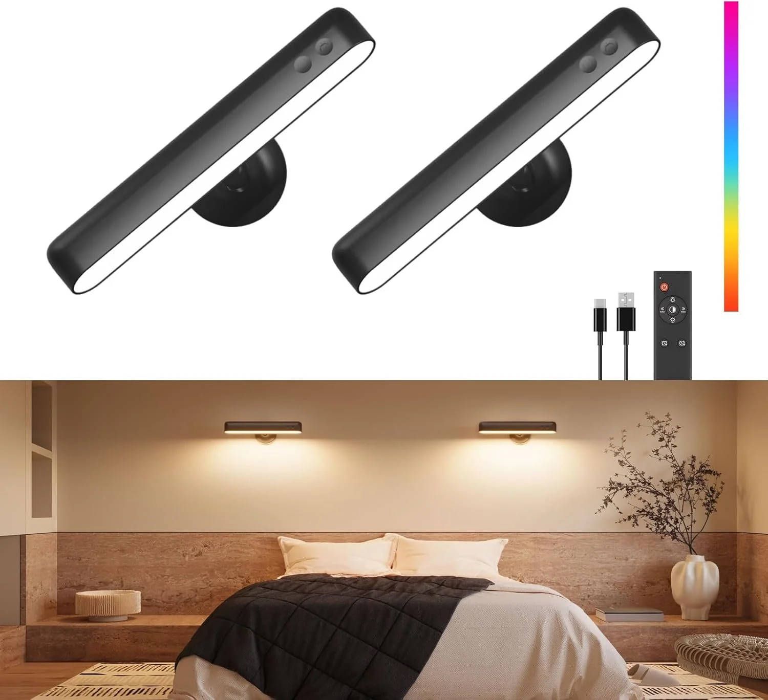 A bedroom with a bed, wall-mounted lights, and a decorative vase with a plant. Also, a digital image of two black LED wall lights with a remote control, wall mount, and power adapter.