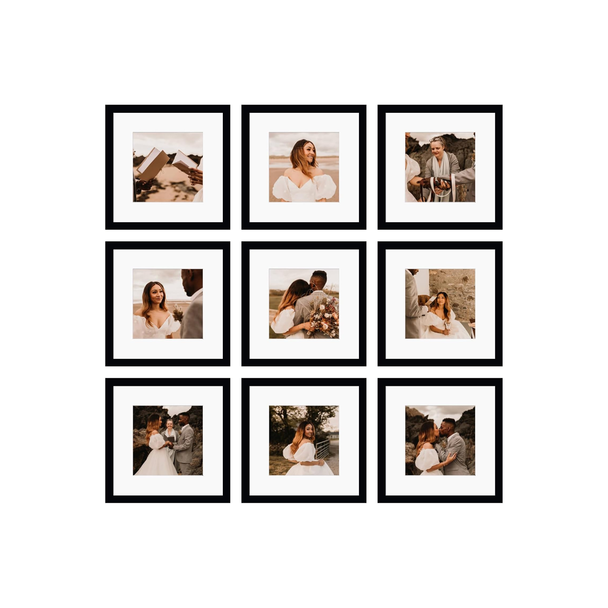 Collection of framed wedding photos on a white wall, showing couples during their wedding ceremonies.