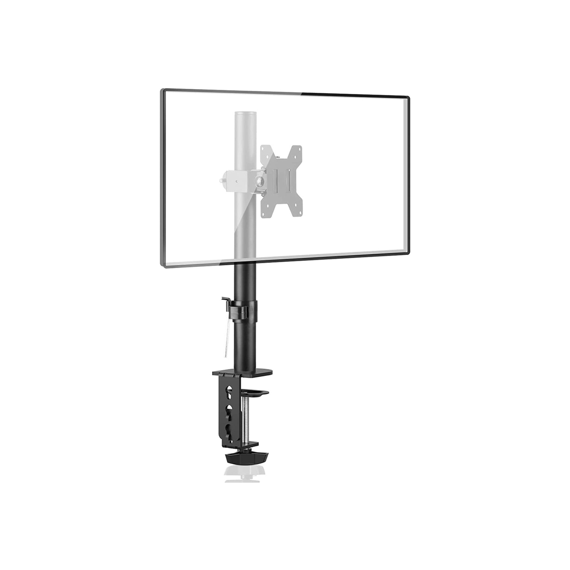 A transparent rectangular TV mount with a black stand, showing internal metal parts and mounting mechanisms.