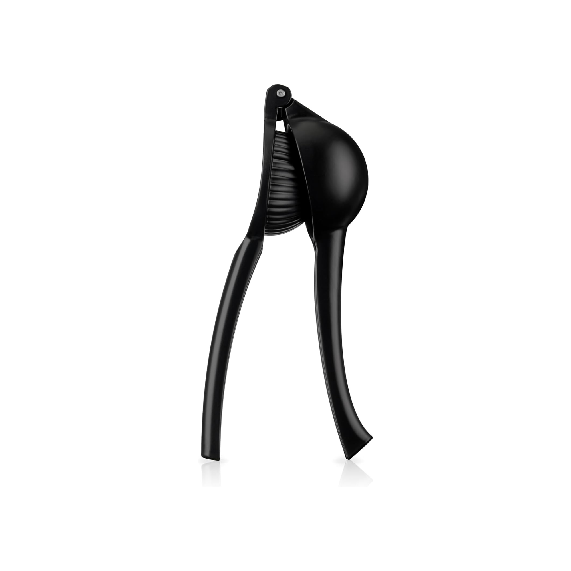 A black citrus squeezer, standing upright against a white background, with a reflection visible below.