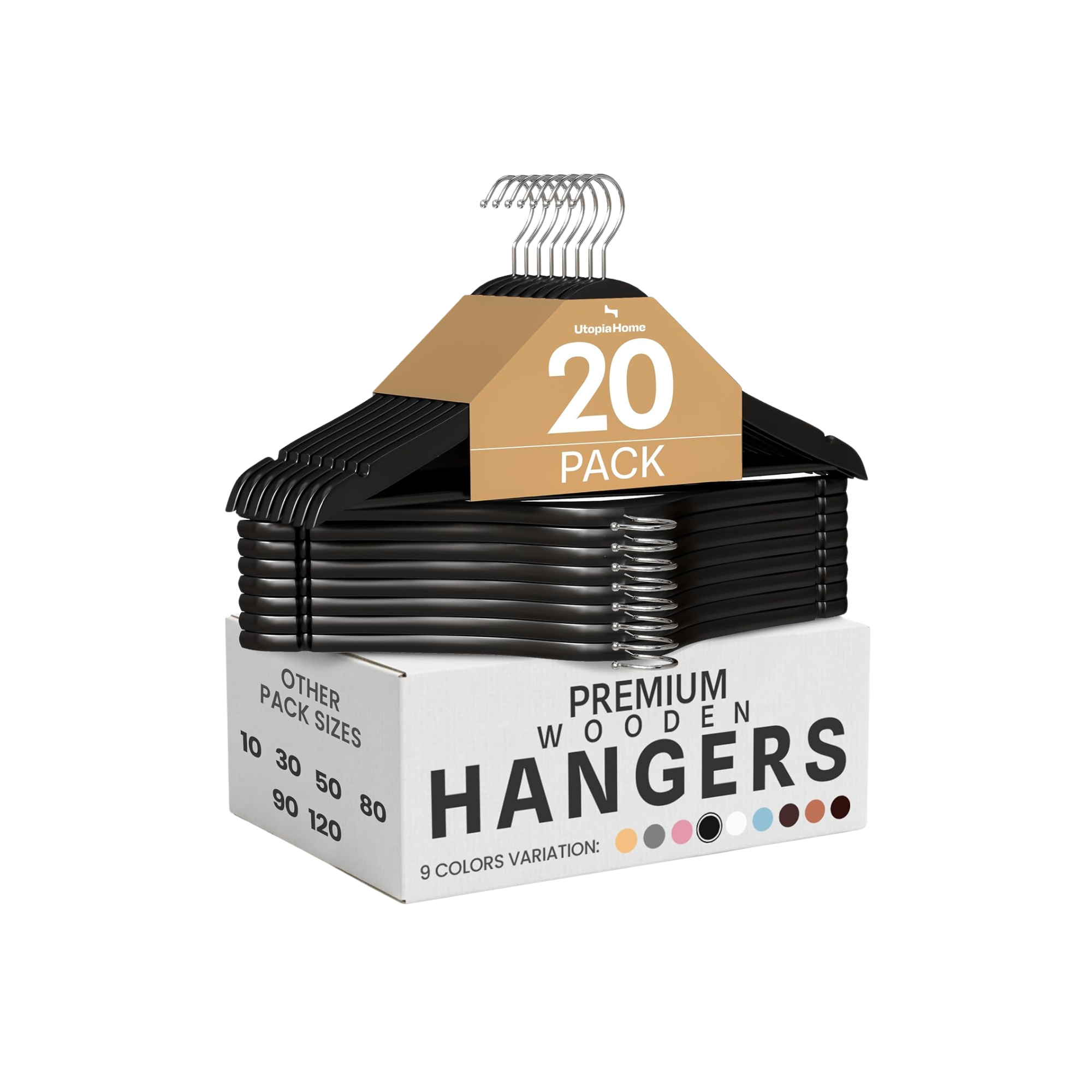 A pack of black wooden hangers with a brown cardboard sleeve that reads '20 PACK' and 'PREMIUM WOODEN HANGERS'. The pack offers 9 color variations and options for other pack sizes.