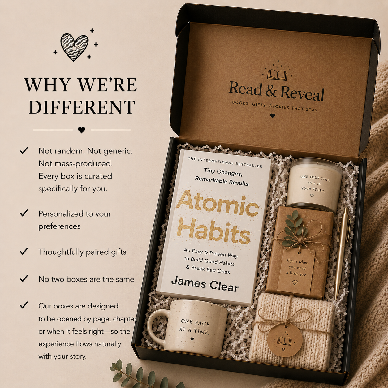 A black gift box containing a book titled "Atomic Habits," a beige candle with the inscription "Take your time, this is your story," a small wrapped gift with a leaf decoration and a tag that says "Open when you need a little joy," a coffee mug with the phrase "One page at a time," and a textured cloth wrapped with string and a tag depicting an open book. The box is open and displayed on a soft fabric background, with a printed informational sheet describing why the products are unique and personalized.