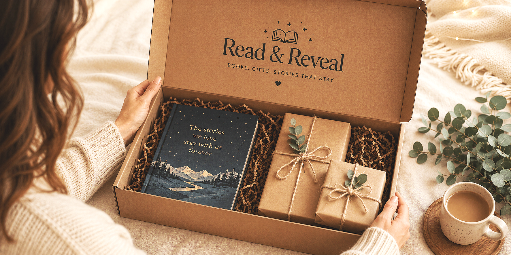 A person holding an open gift box labeled "Read & Reveal" with books and wrapped presents inside, on a cozy table with a cup of coffee and greenery nearby.