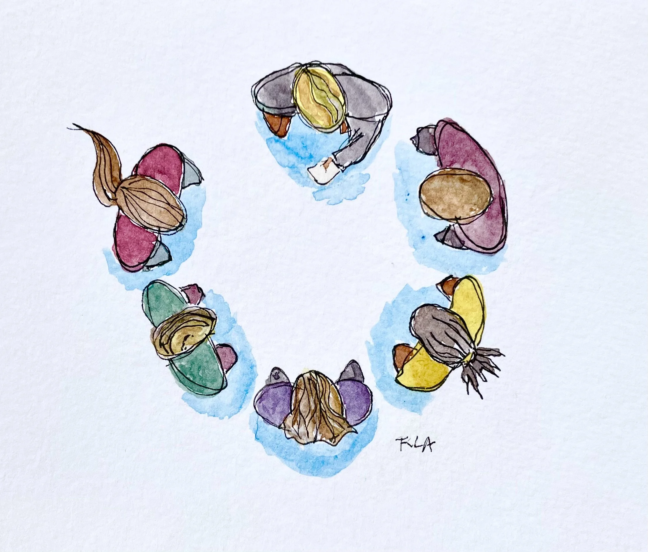 Colorful watercolor illustration of people seen from above at a table, with a signature reading 'ELLA' in the bottom right corner.