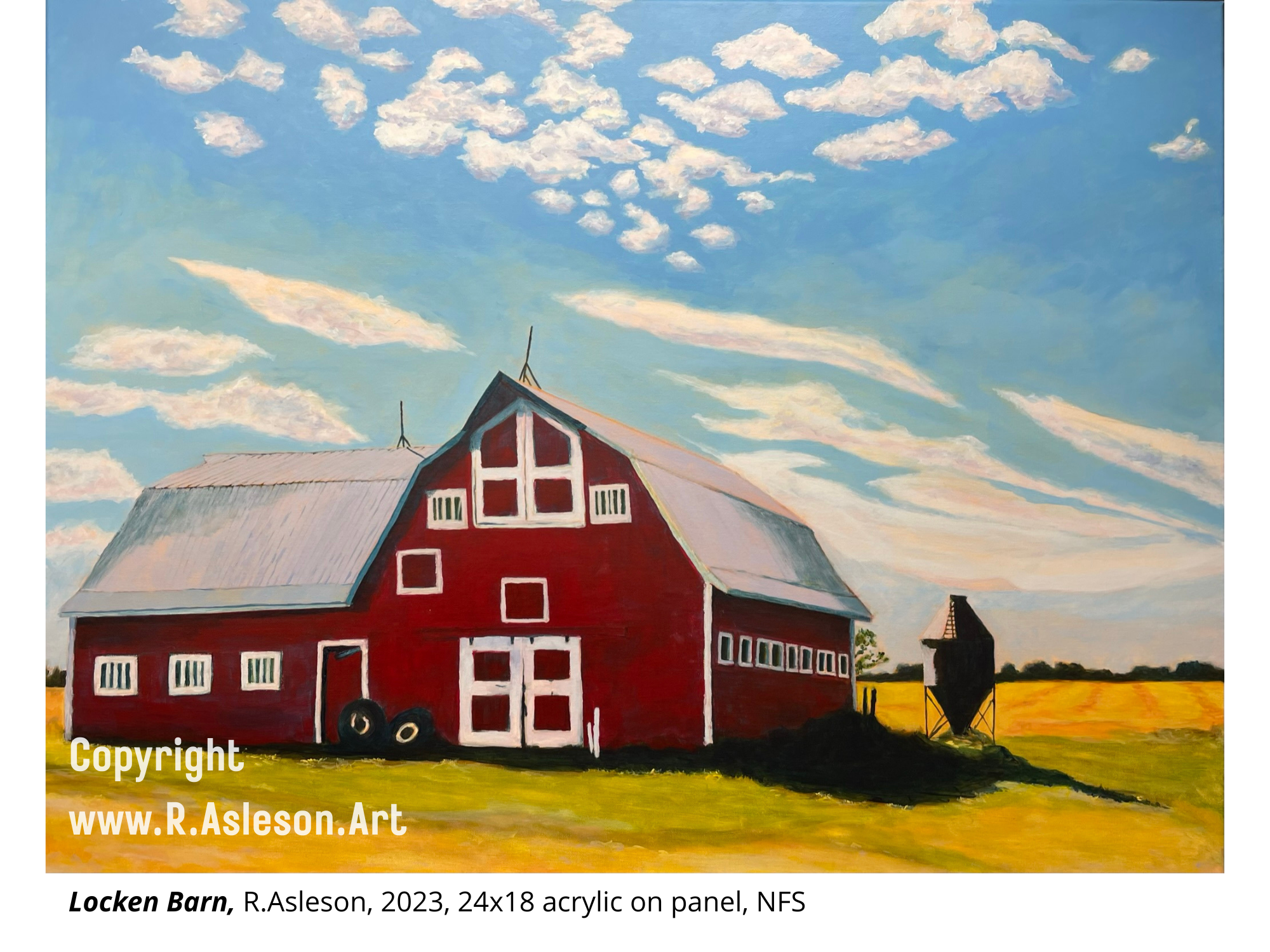 2023.002 Locken Barn, 48x38 inches, acrylic on canvas, NFS
The work is portrait of place and memory from my aunt’s photo of the family farm. Central in the landscape of my childhood, the barn is real and a site of wonder, unease, and a source of gene
