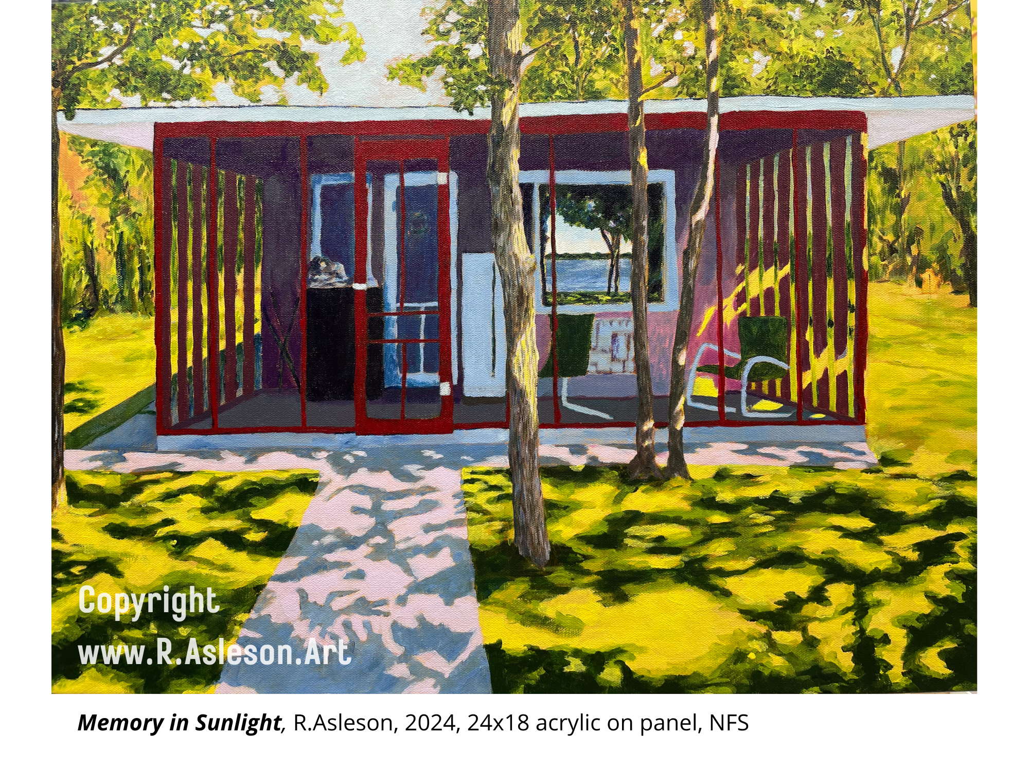 
2024.003 Memory in Sunlight, 24x18 acrylic on panel, NFS

Memory in Sunlight is a nod to my wife's childhood memories at her grandparents' lakeside cabin, captured from a 1966 photograph. The screened-in porch was central to life at the lake where f