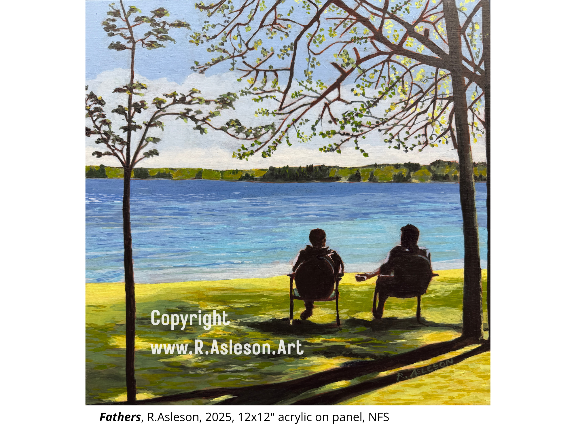 A painting titled 'Fathers' by R. Asleson, created in 2025, depicts two men sitting on chairs along a lakeshore, viewed through a natural setting with trees and leaves. The scene shows a calm lake with a distant treeline under a partly cloudy sky.