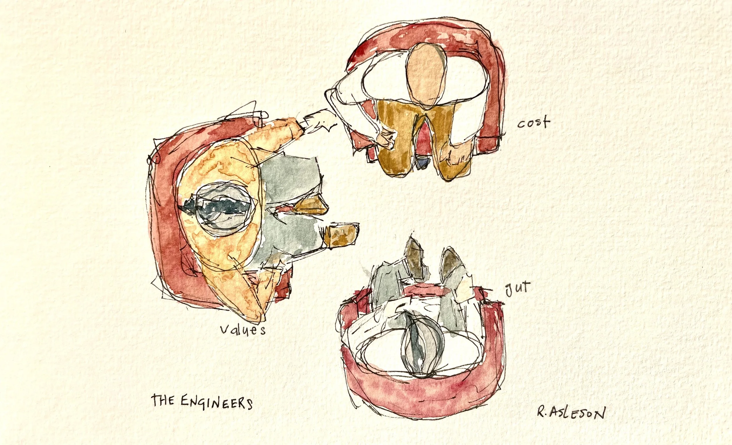 Watercolor sketch of a red soda can with illustrations of people working on different parts of the can, labeled with words like 'values,' 'cost,' 'quality,' and 'the engineers.'