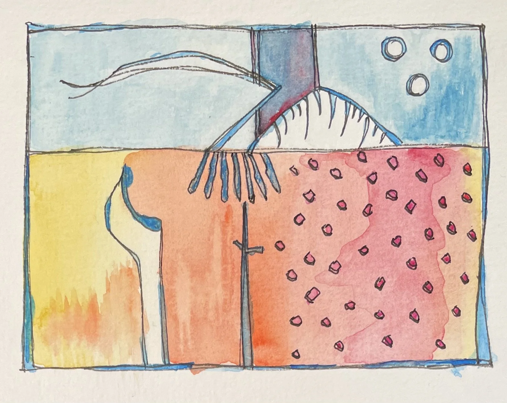 A colorful, hand-drawn diagram illustrating soil layers, including topsoil, subsoil, and bedrock, with water and plant roots depicted.