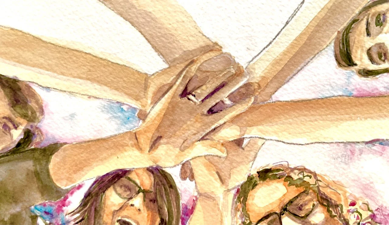 A watercolor painting of three women with glasses holding their hands together in a team huddle, smiling.