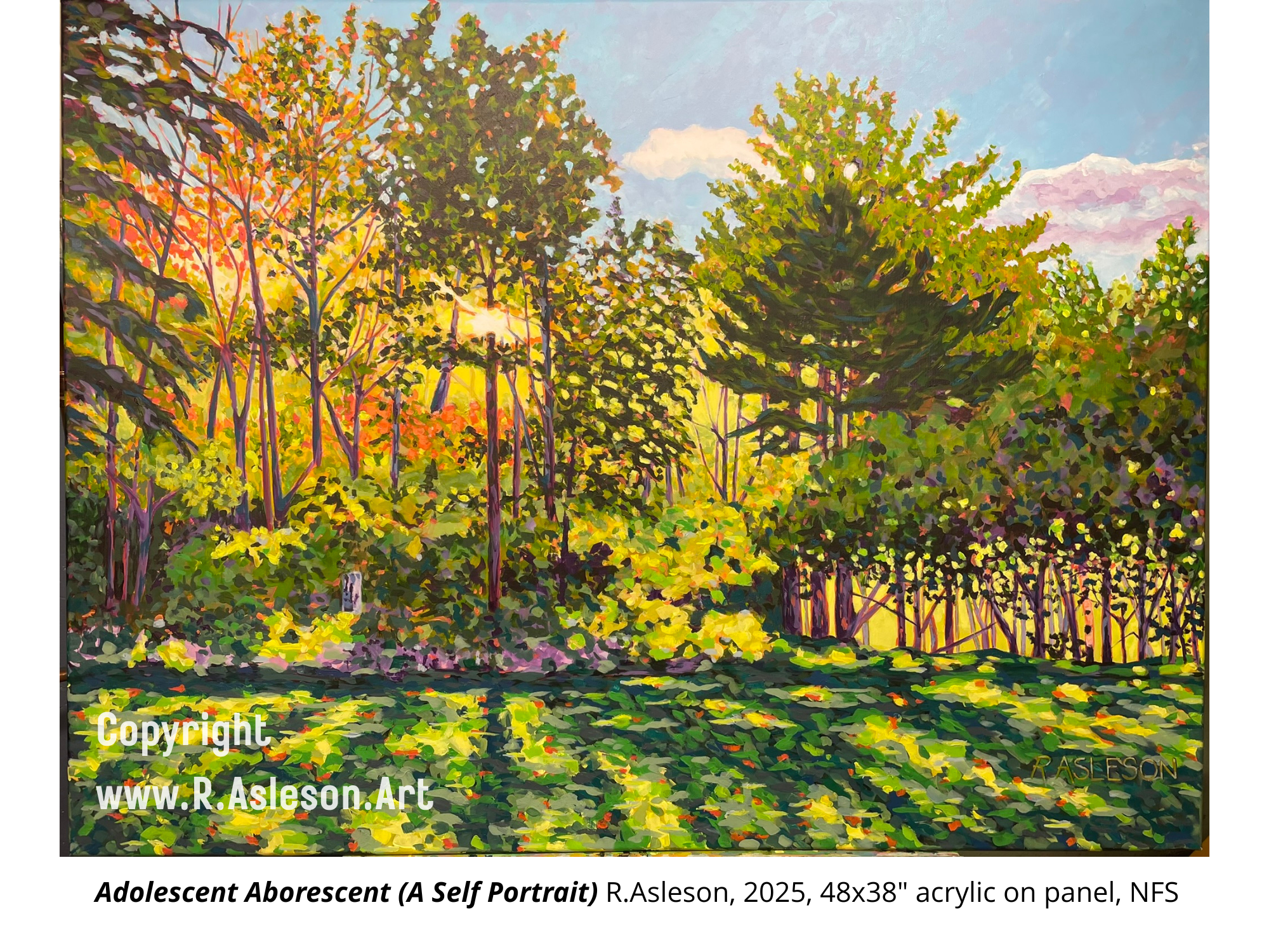 2025.007 Adolescent Arborescent (a self portrait) 48x38 acrylic on canvas, NFS 

A personal exploration of transformation that reflects both the commissioners’  environmental renewal and my own early evolution as an artist.
Beneath the forest’s green