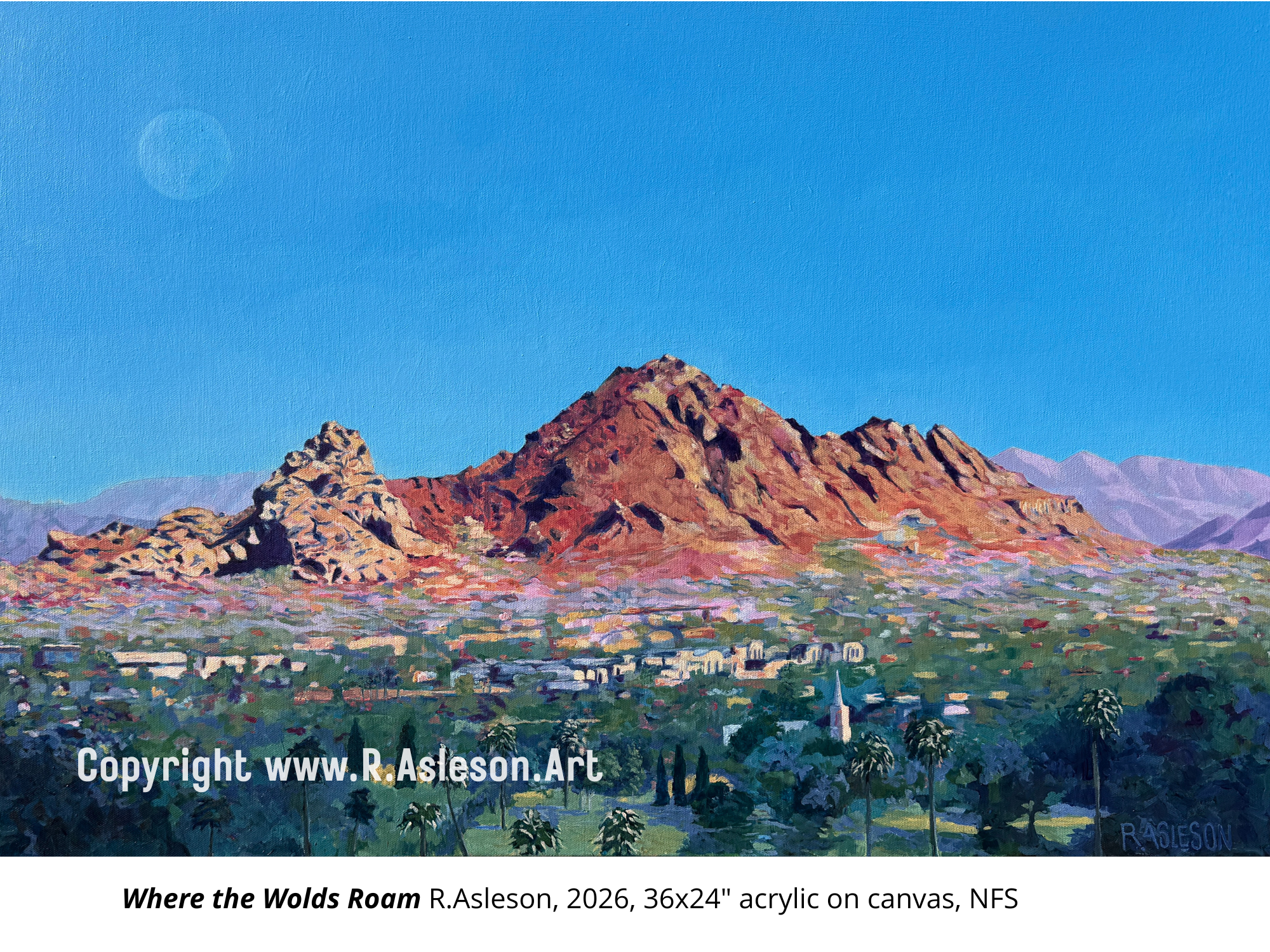 2026.012 Where the Wolds Roam Acrylic on canvas, 36 x 18 inches, 2026 – R. Asleson (NFS) 

Arizona has a mythical quality as my birthplace and where I was adopted. Every time I’ve visited, I’d look for someone who shared my eyes. (I didn’t find famil