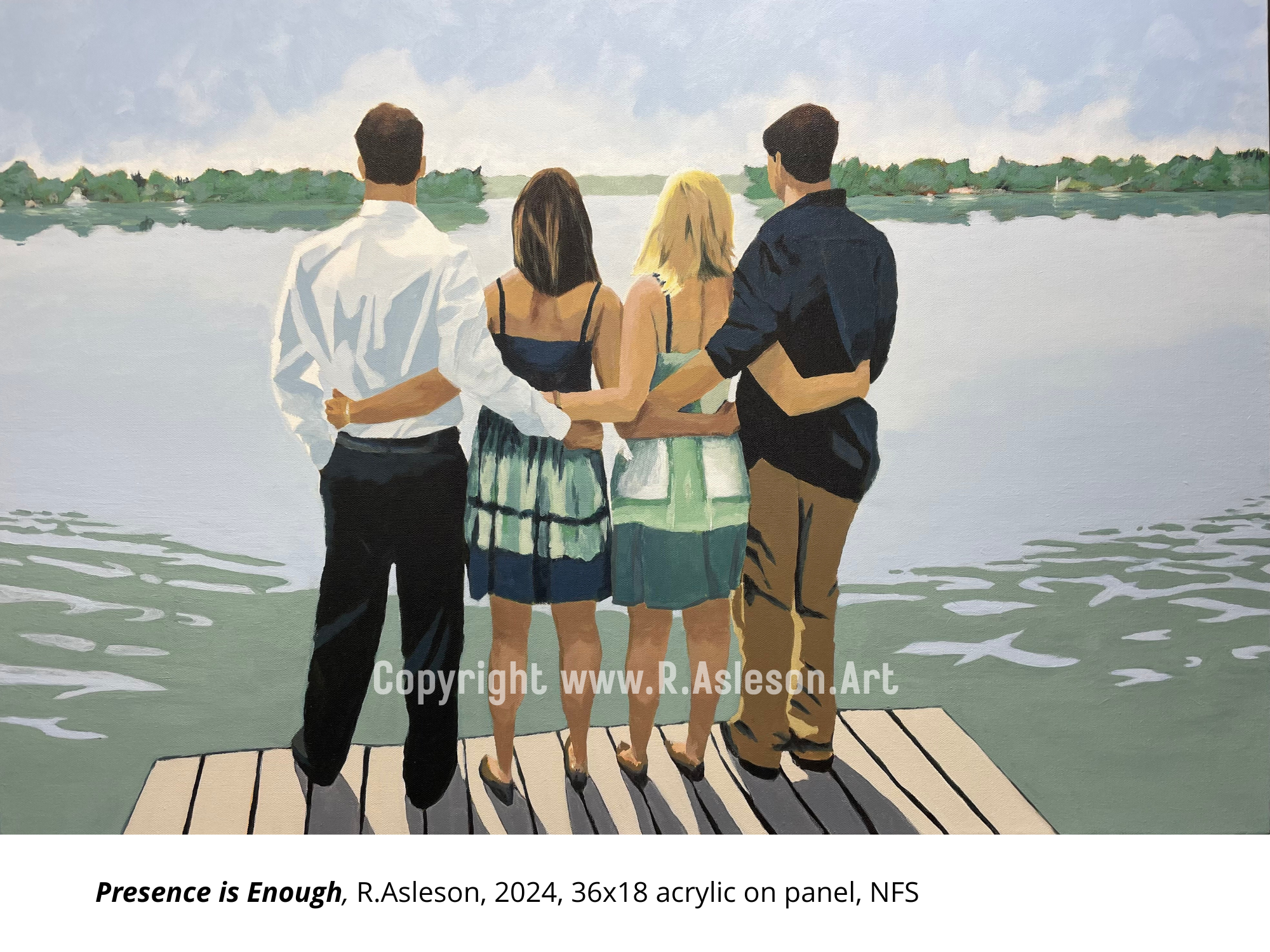 2024.004 Presence is Enough Acrylic on canvas, 36 x 18 inches, 2024 – R. Asleson (NFS) 
Four figures stand arm in arm on a dock, gazing over a quiet lake. Rendered in a soft, memory-washed palette, the scene captures the warmth of summer and the quie