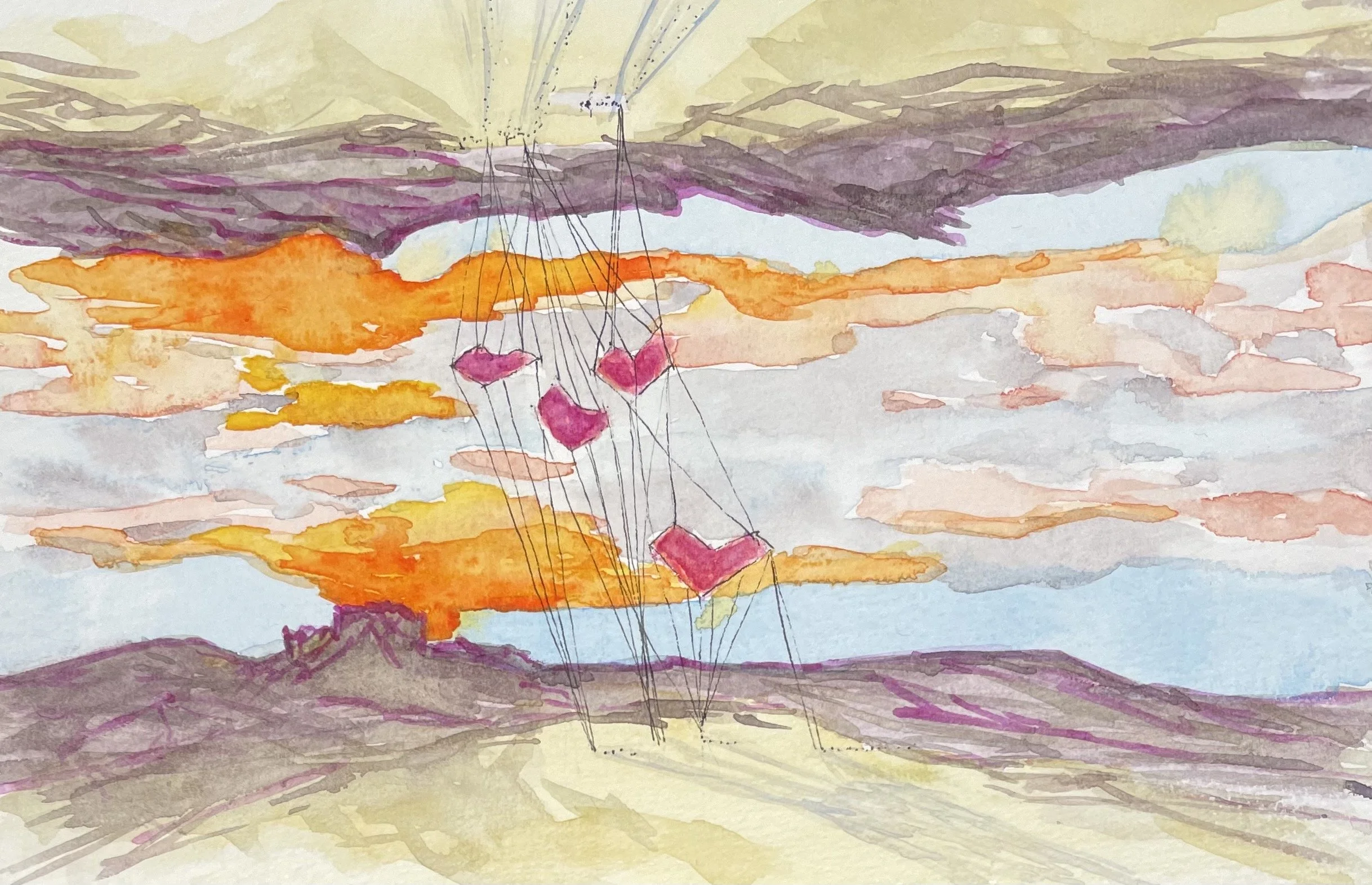 Watercolor painting of a sunset over the water with pink heart-shaped balloons floating in the sky.