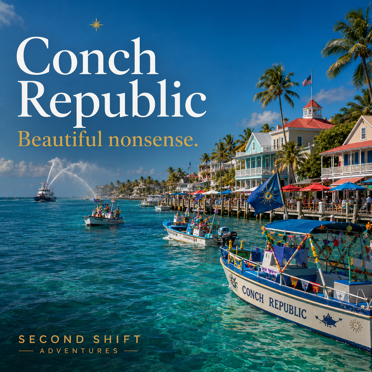 Photo of colorful boats docked at the shore of a tropical seaside town with pastel houses and palm trees, under a clear blue sky, with text overlay that says "Conch Republic Beautiful nonsense" and "Second Shift Adventures."