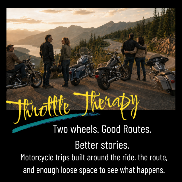 Group of people with motorcycles on a mountain road during sunset, with scenic mountains and lake in the background, promoting motorcycle trips and routes. Throttle Therapy.