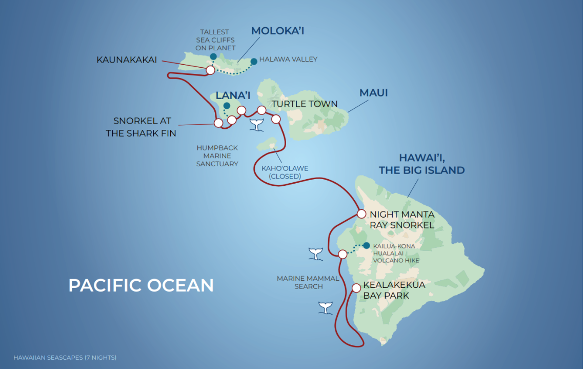 Map of a 7-night Hawaiian seascape cruise route showing islands of Hawaii including Maui, Big Island, Lana'i, Moloka'i, and Kaua'i with ports and attractions like Turtle Town, snorkel at Shark Fin, Kaho'olawe (closed), and Humpback Marine Sanctuary, with the route passing through the Pacific Ocean.