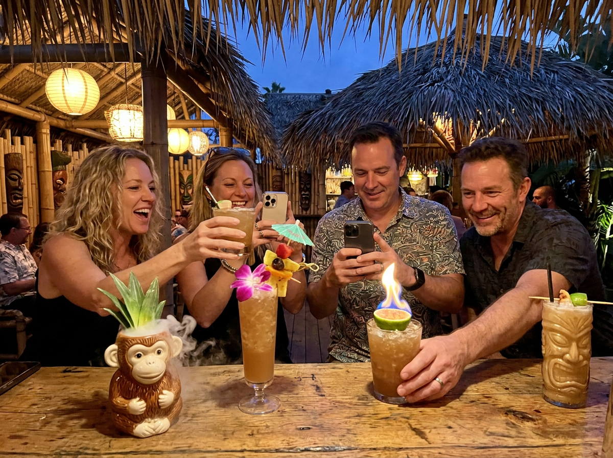 Four people at a tropical-themed bar, smiling and taking photos of their colorful cocktails with phones, surrounded by tiki decorations, straw umbrellas, and lanterns.