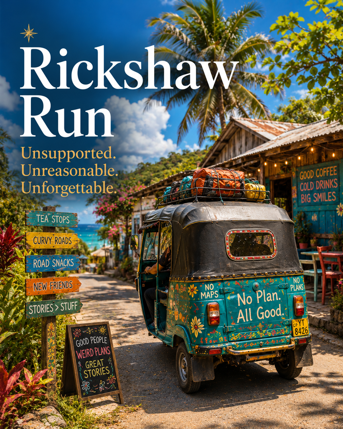 A colorful tuk-tuk parked on a tropical street filled with vibrant plants, a wooden shop, and signs supporting a fun run called Rickshaw Run, with slogans like "No Maps, No Plan, All Good".