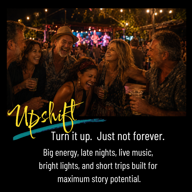 A group of five friends enjoying drinks and laughing at an outdoor party with live music, string lights, and a stage in the background.  upshift travel vibes.